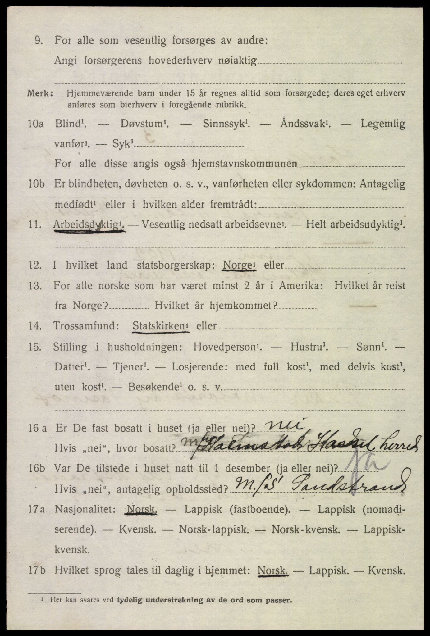 SAT, 1920 census for Sortland, 1920, p. 5477