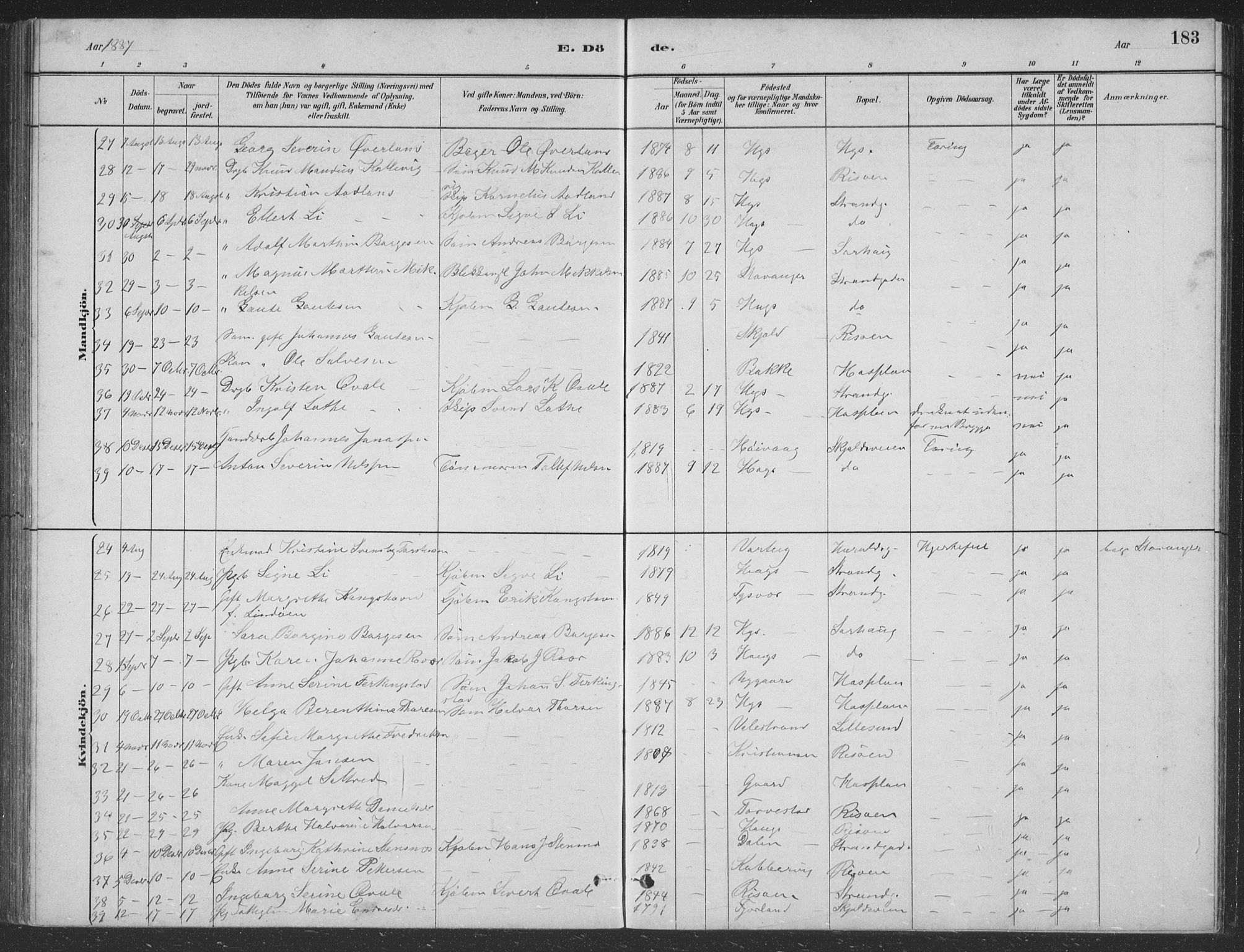 Haugesund sokneprestkontor, AV/SAST-A -101863/H/Ha/Hab/L0002: Parish register (copy) no. B 2, 1881-1894, p. 183