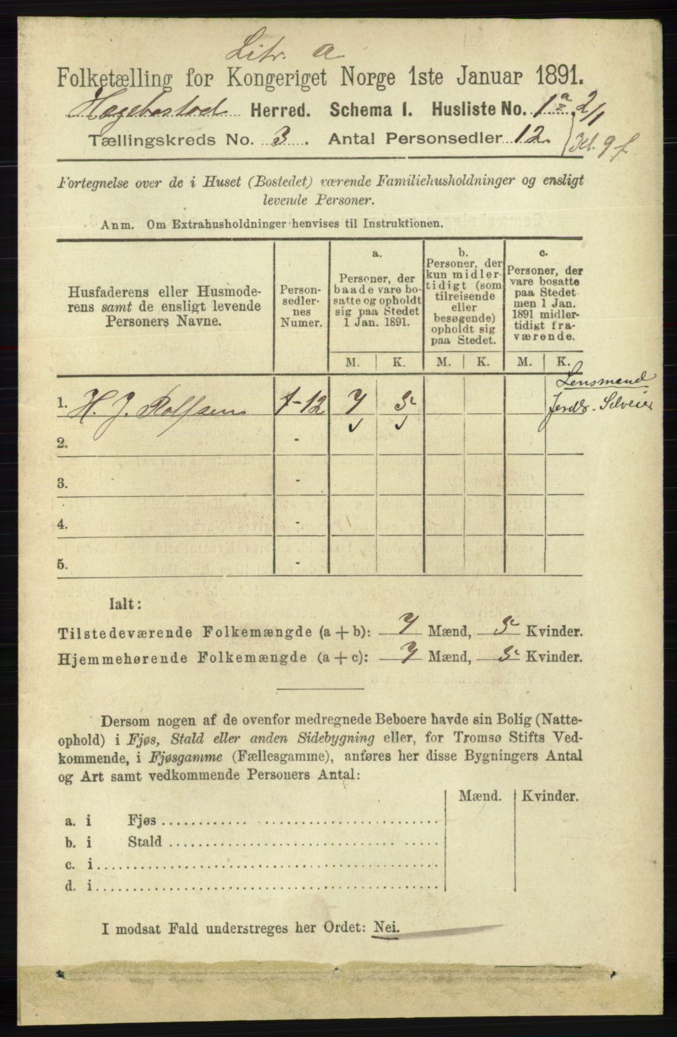 RA, 1891 census for 1034 Hægebostad, 1891, p. 815