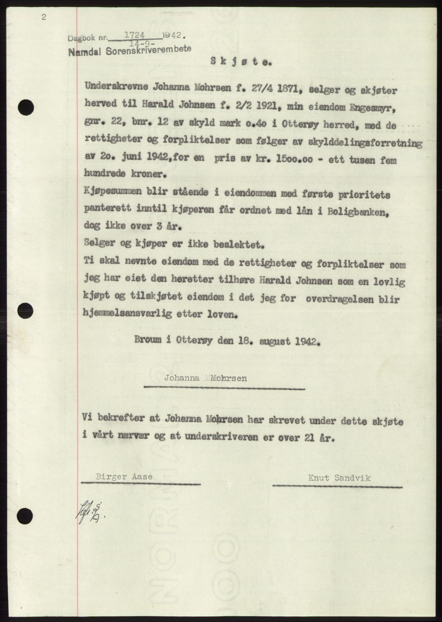 Namdal sorenskriveri, SAT/A-4133/1/2/2C: Mortgage book no. -, 1942-1943, Diary no: : 1724/1942