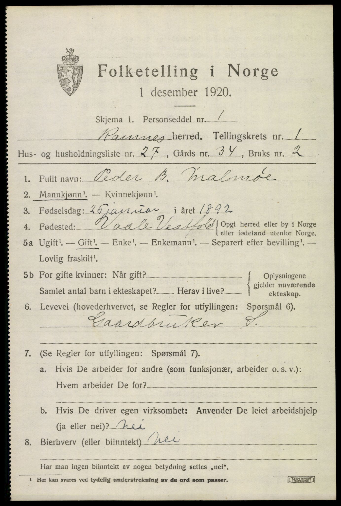 SAKO, 1920 census for Ramnes, 1920, p. 1468