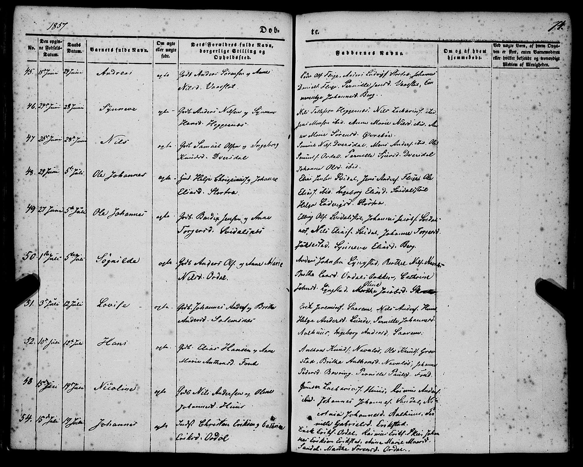 Jølster sokneprestembete, AV/SAB-A-80701/H/Haa/Haaa/L0010: Parish register (official) no. A 10, 1847-1865, p. 74