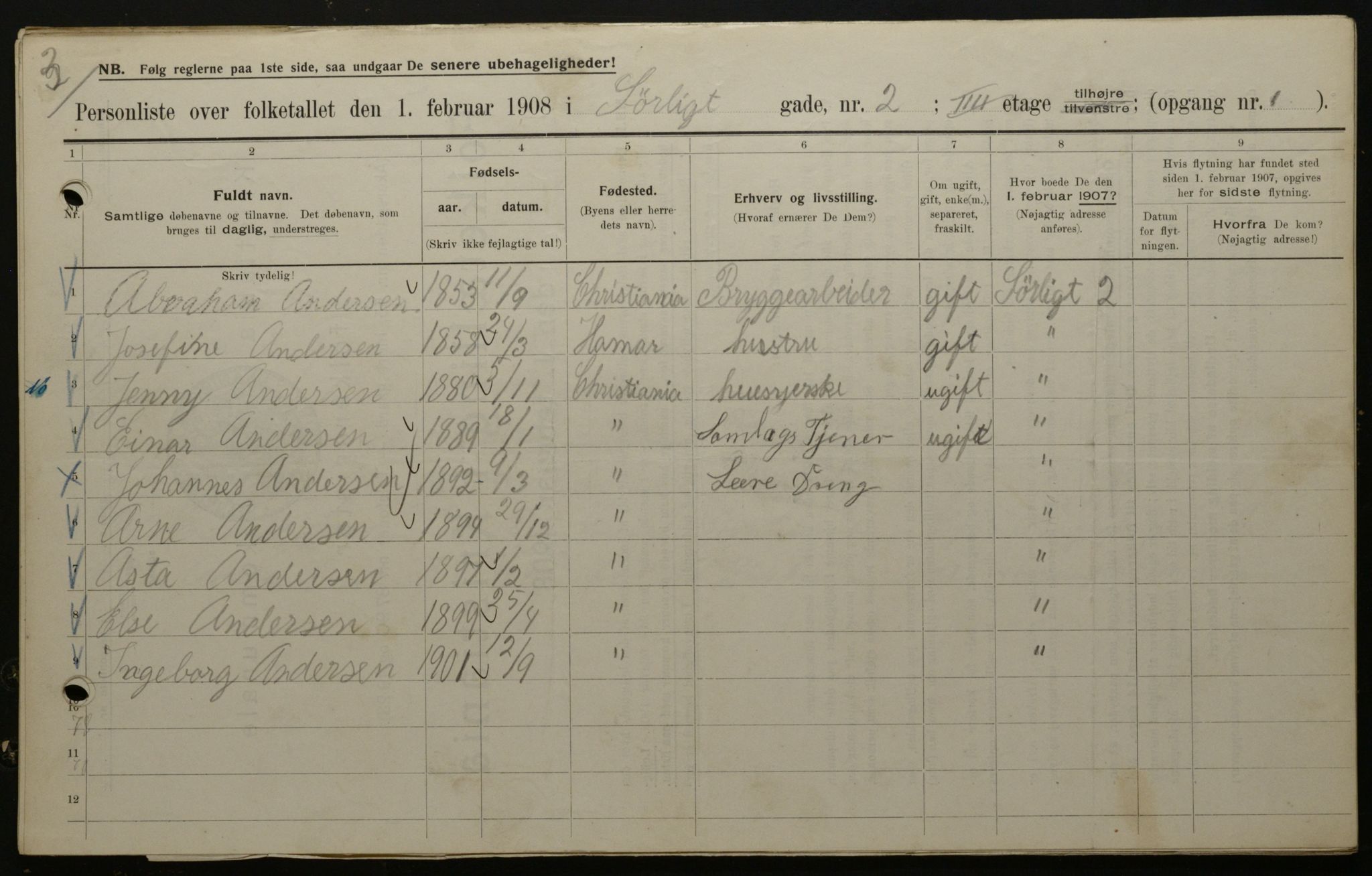 OBA, Municipal Census 1908 for Kristiania, 1908, p. 95645