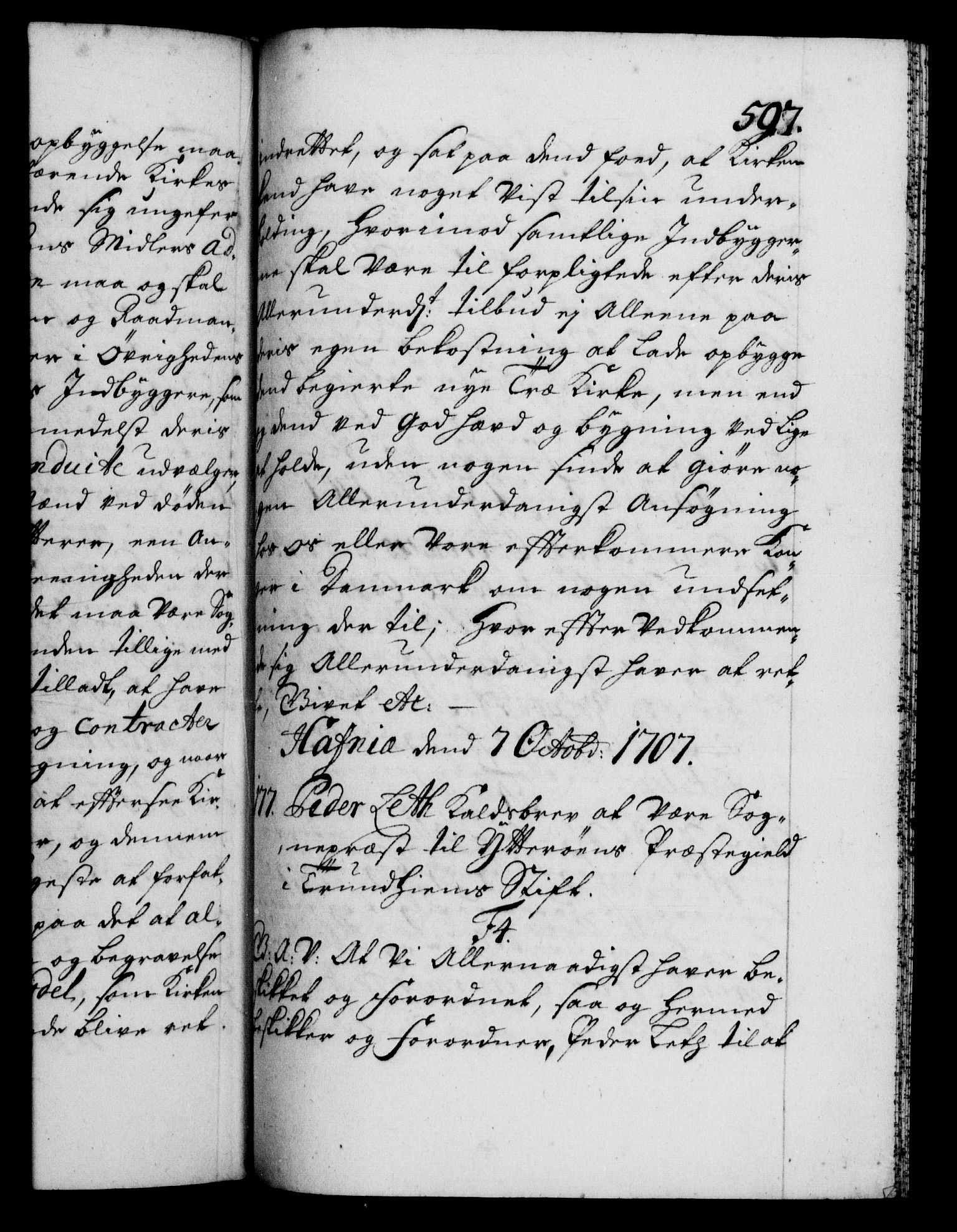 Danske Kanselli 1572-1799, AV/RA-EA-3023/F/Fc/Fca/Fcaa/L0019: Norske registre, 1704-1707, p. 597a