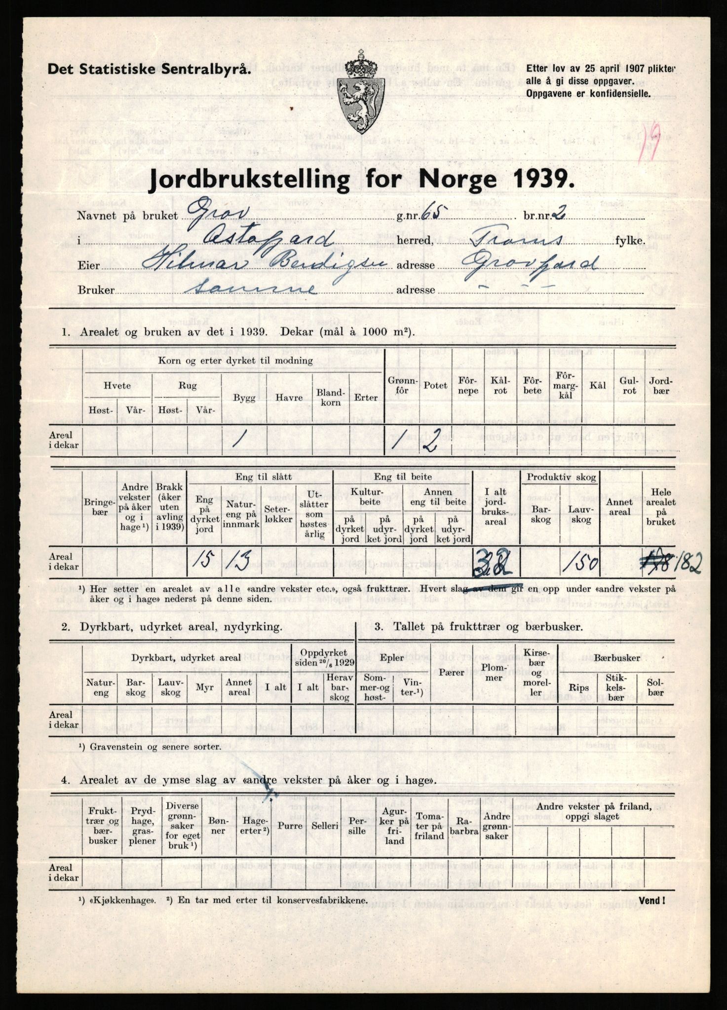 Statistisk sentralbyrå, Næringsøkonomiske emner, Jordbruk, skogbruk, jakt, fiske og fangst, AV/RA-S-2234/G/Gb/L0339: Troms: Andørja, Astafjord og Lavangen, 1939, p. 283