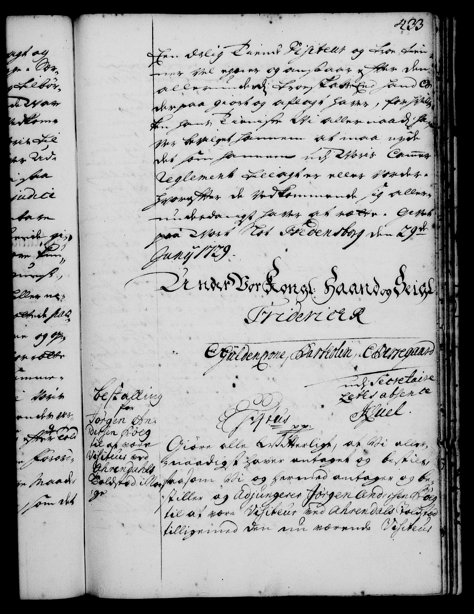 Rentekammeret, Kammerkanselliet, RA/EA-3111/G/Gg/Gge/L0001: Norsk bestallingsprotokoll med register (merket RK 53.25), 1720-1730, p. 433