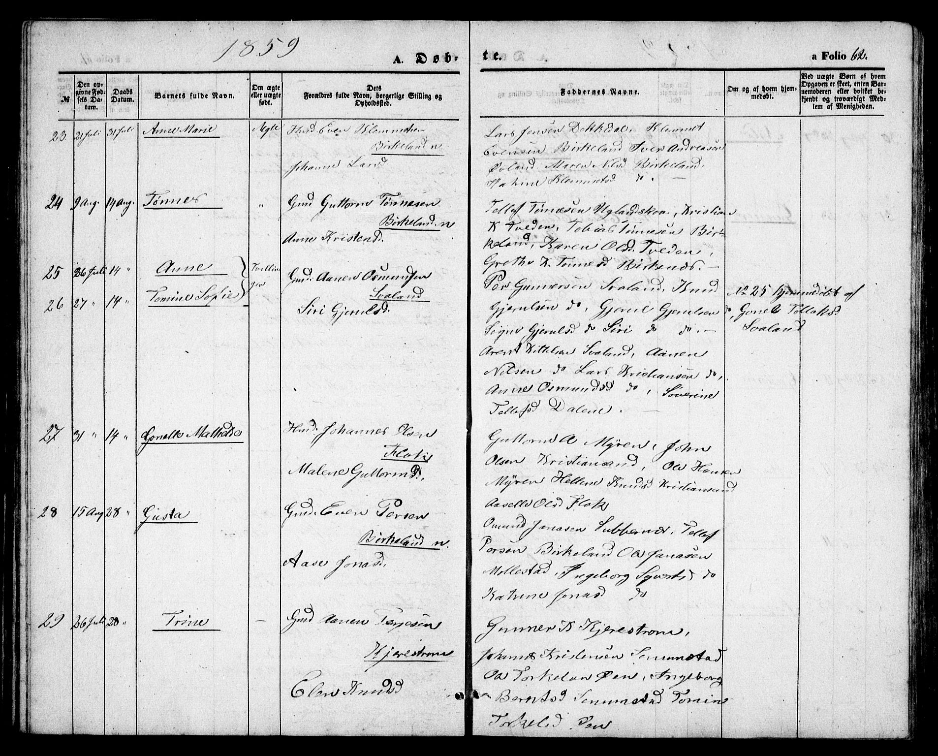 Birkenes sokneprestkontor, AV/SAK-1111-0004/F/Fb/L0002: Parish register (copy) no. B 2, 1849-1876, p. 62