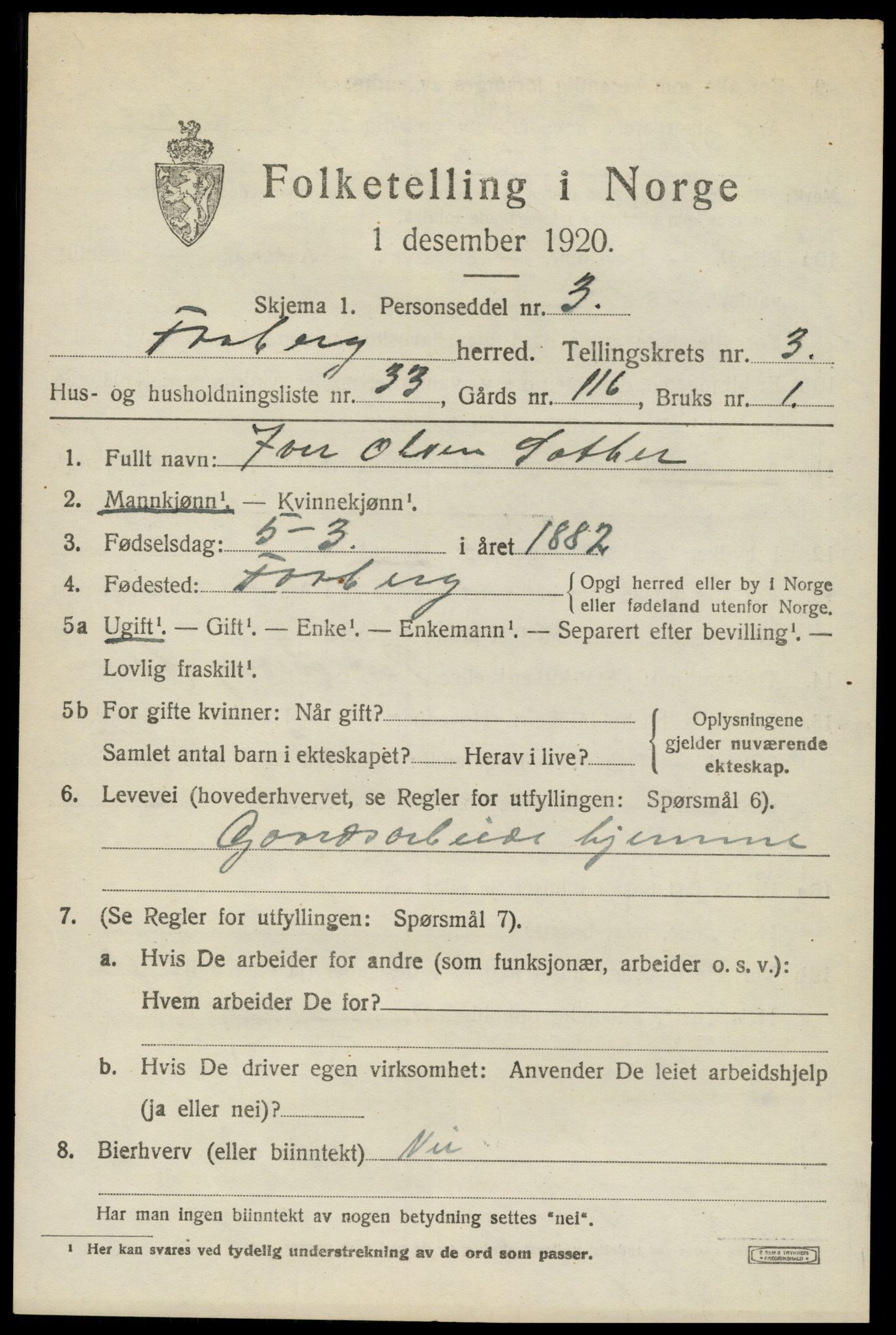 SAH, 1920 census for Fåberg, 1920, p. 3896