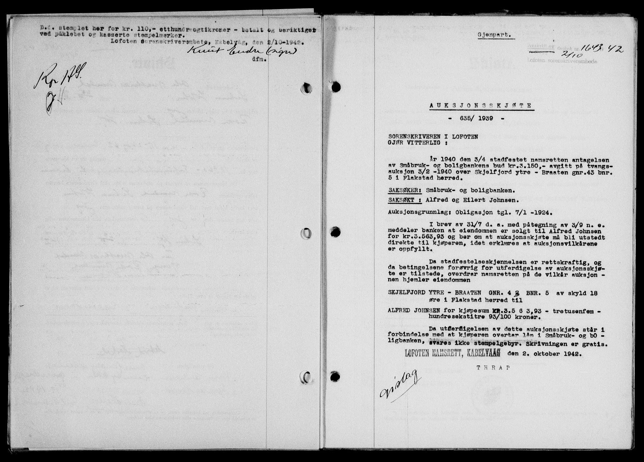 Lofoten sorenskriveri, SAT/A-0017/1/2/2C/L0010a: Mortgage book no. 10a, 1942-1943, Diary no: : 1643/1942