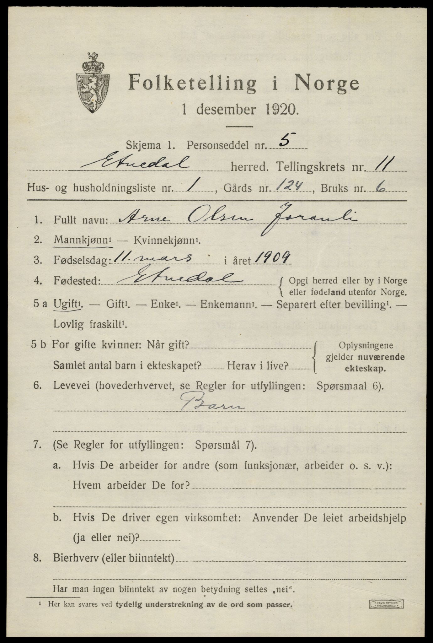 SAH, 1920 census for Etnedal, 1920, p. 4576