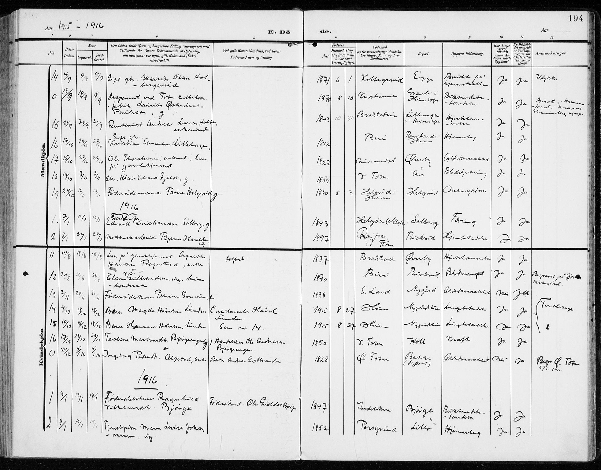 Vardal prestekontor, AV/SAH-PREST-100/H/Ha/Haa/L0016: Parish register (official) no. 16, 1904-1916, p. 194
