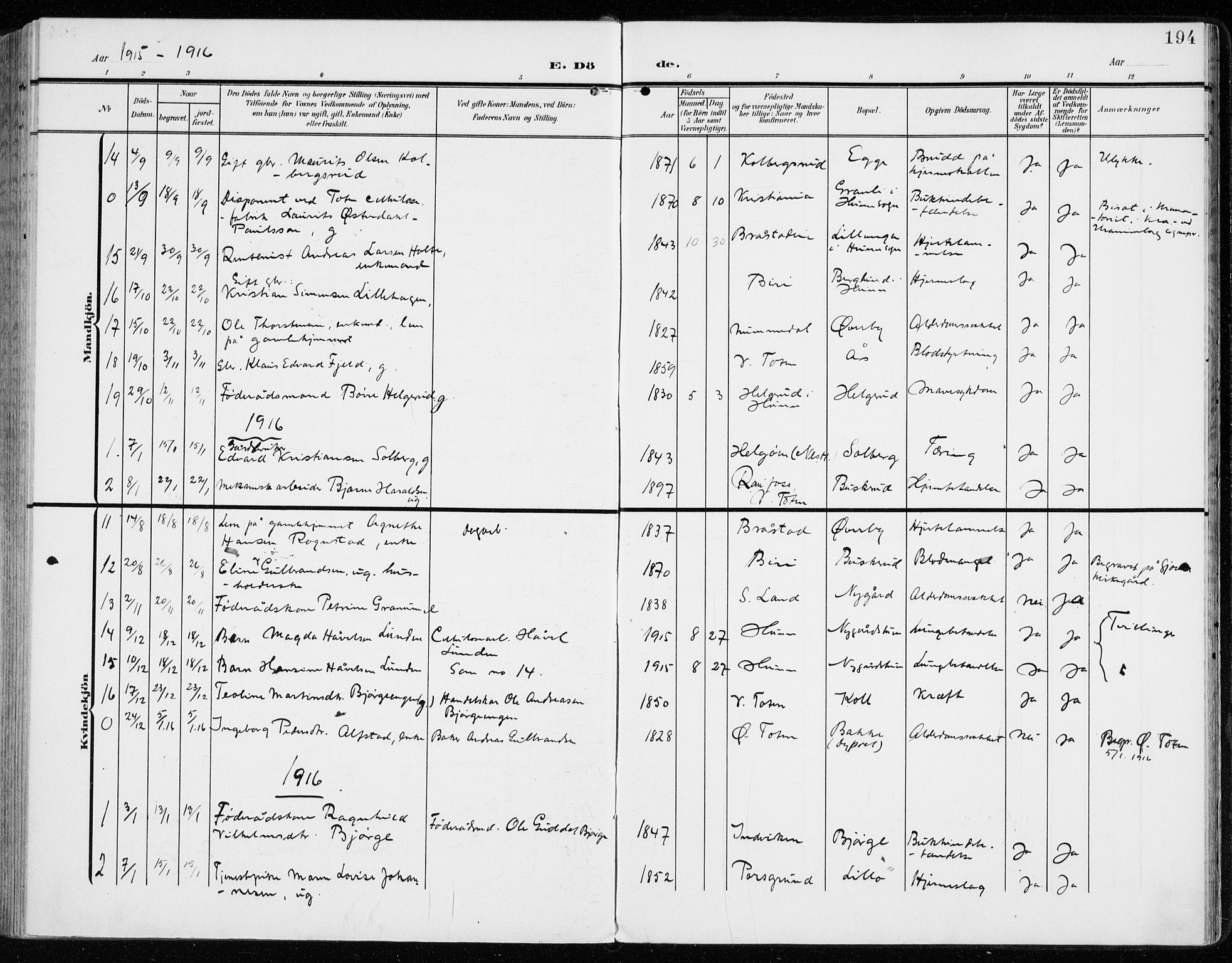 Vardal prestekontor, SAH/PREST-100/H/Ha/Haa/L0016: Parish register (official) no. 16, 1904-1916, p. 194
