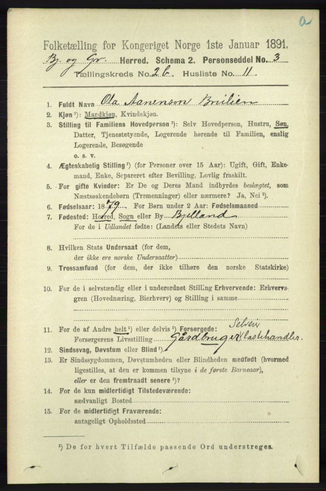 RA, 1891 census for 1024 Bjelland og Grindheim, 1891, p. 1190