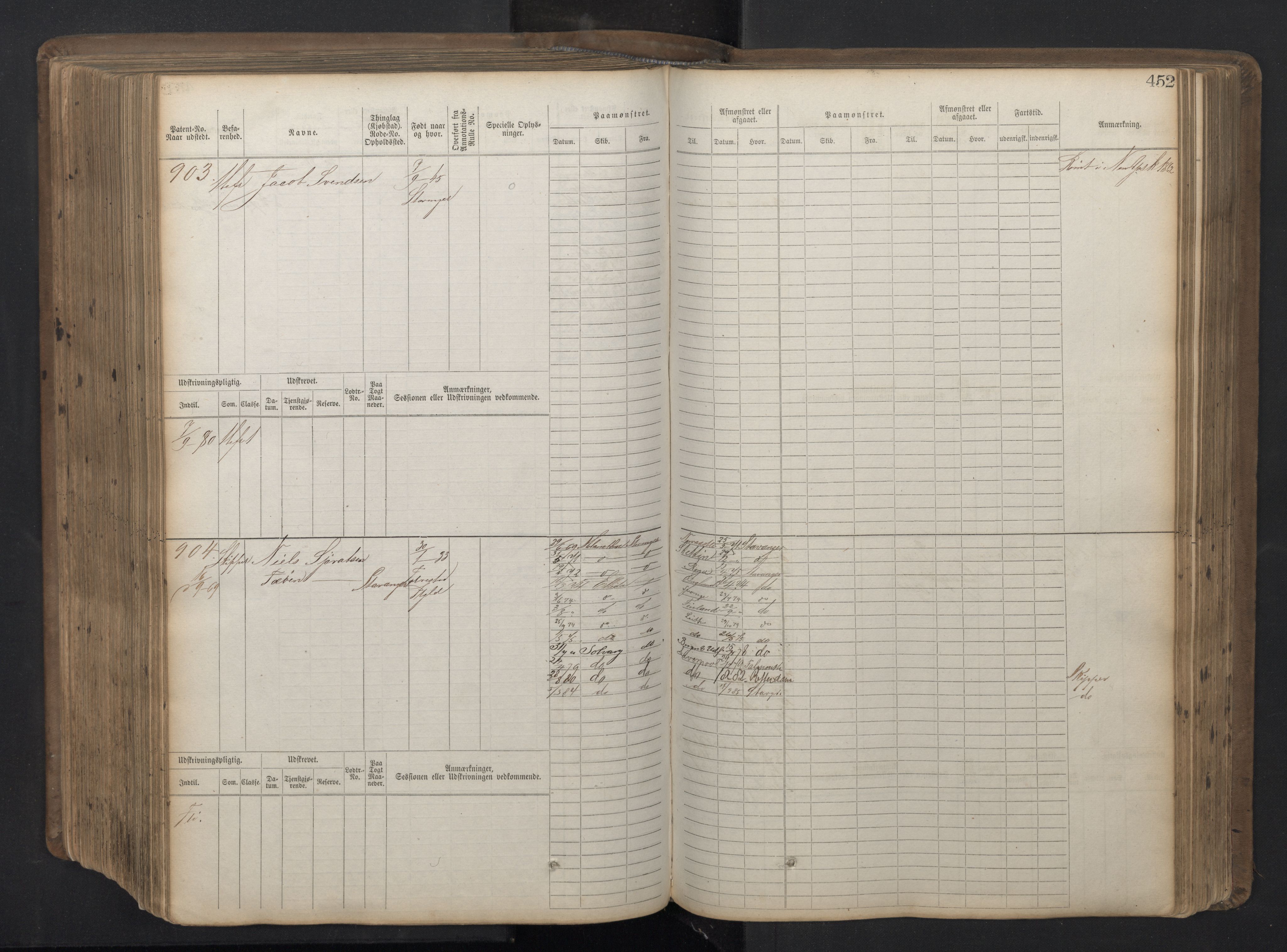 Stavanger sjømannskontor, SAST/A-102006/F/Fb/Fbb/L0016: Sjøfartshovedrulle patnentnr. 1-1202 (dublett), 1869, p. 452