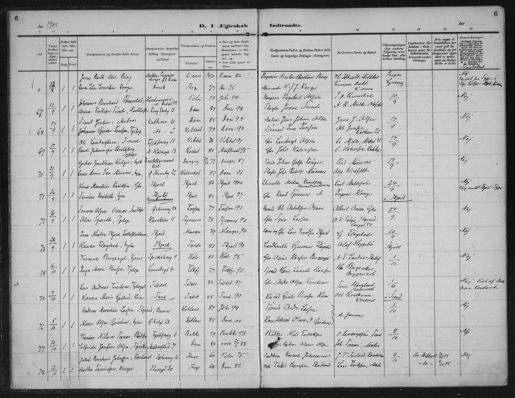 Domkirken sokneprestkontor, AV/SAST-A-101812/002/A/L0016: Parish register (official) no. A 33, 1905-1922, p. 6