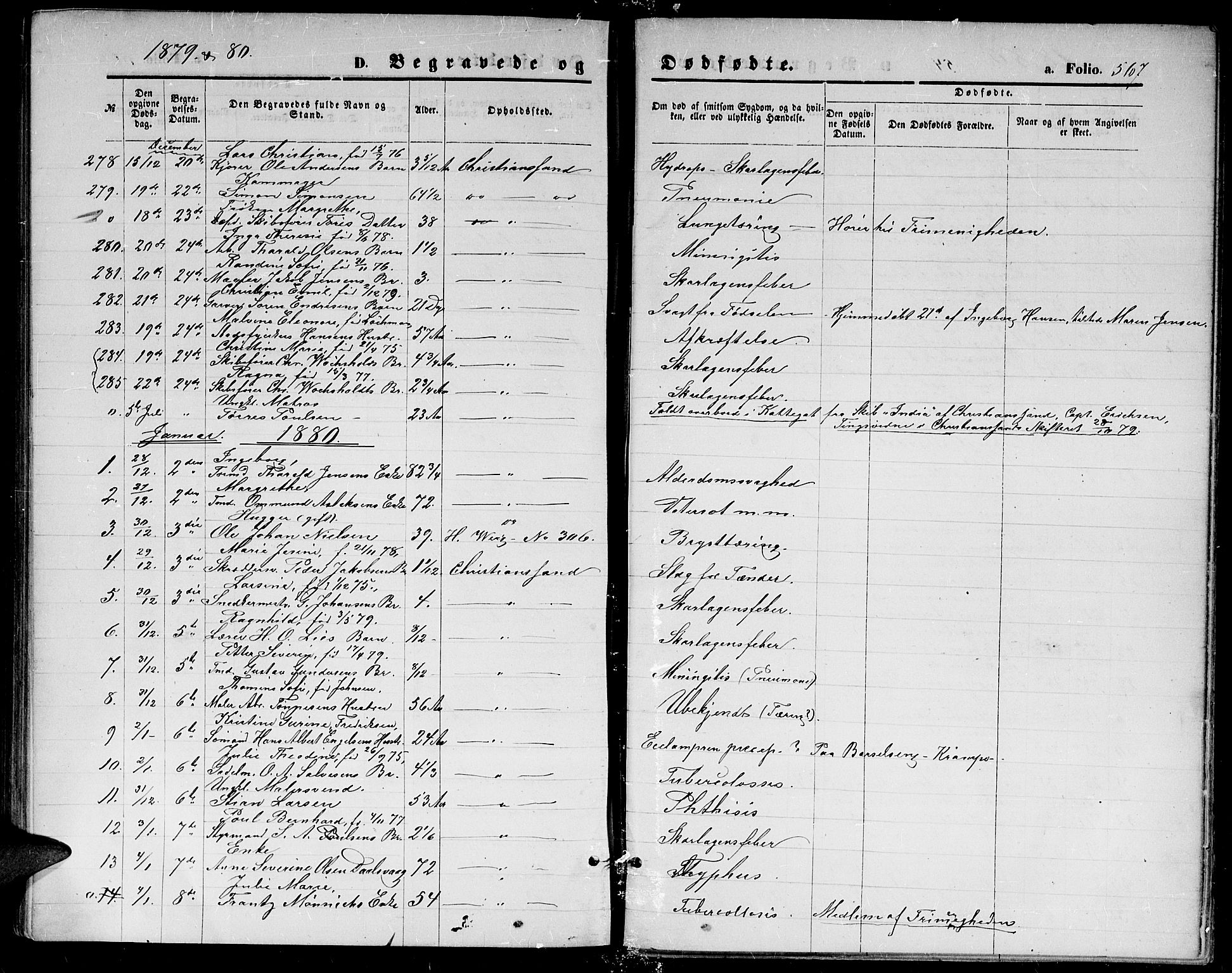 Kristiansand domprosti, SAK/1112-0006/F/Fb/L0013: Parish register (copy) no. B 13, 1871-1880, p. 567