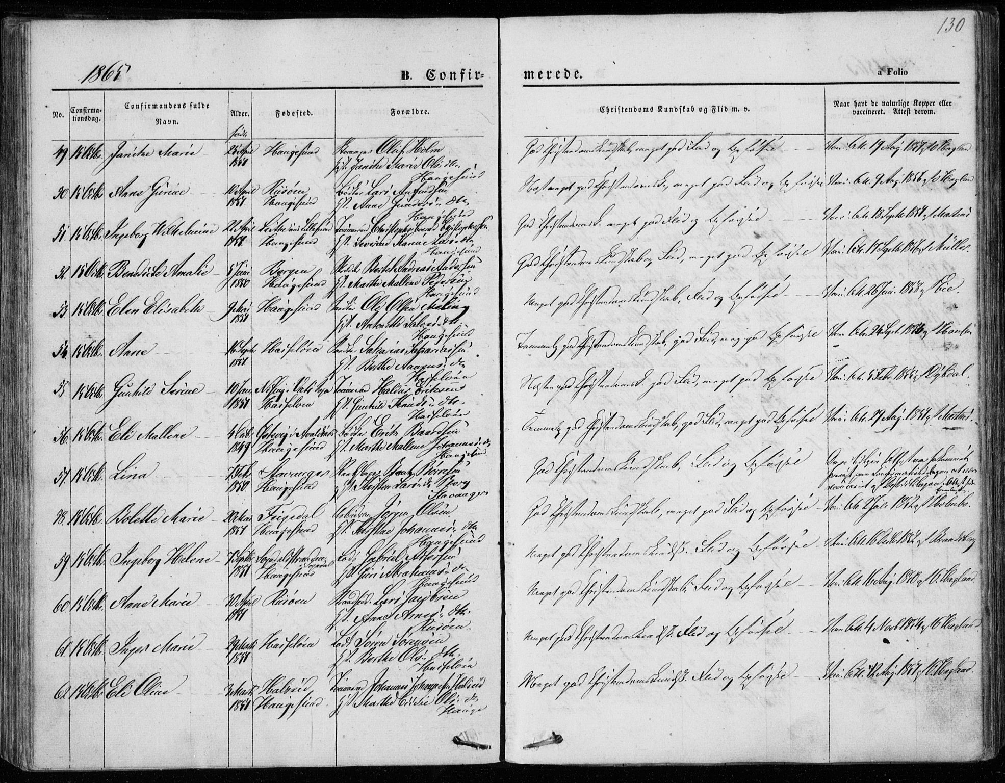 Torvastad sokneprestkontor, AV/SAST-A -101857/H/Ha/Haa/L0011: Parish register (official) no. A 11, 1857-1866, p. 130