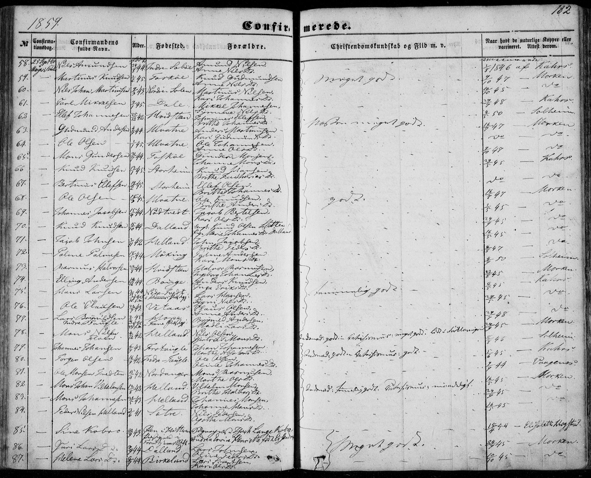 Manger sokneprestembete, AV/SAB-A-76801/H/Haa: Parish register (official) no. A 6, 1849-1859, p. 182