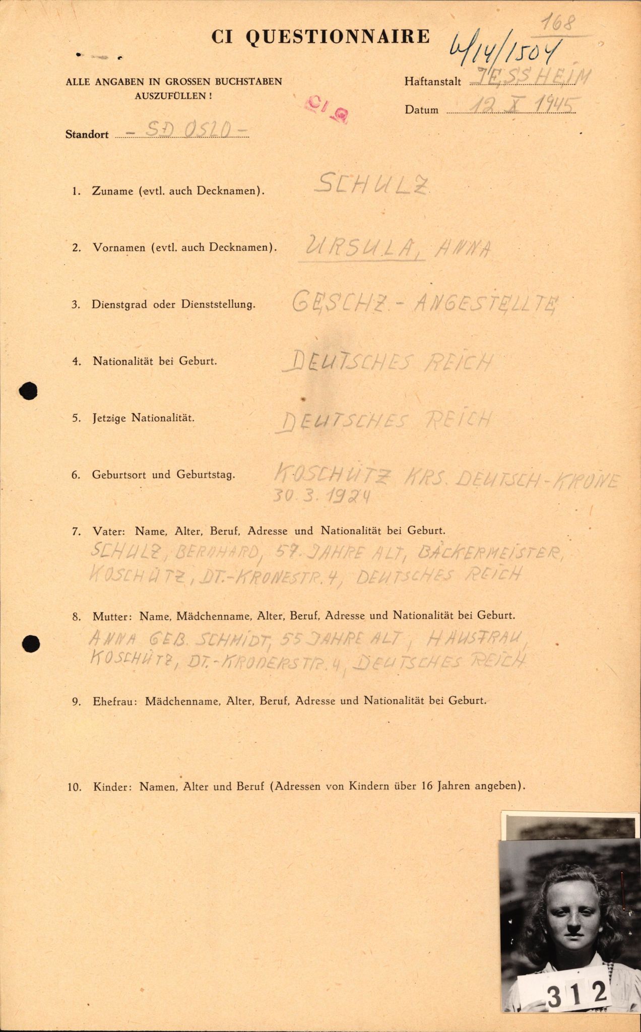 Forsvaret, Forsvarets overkommando II, AV/RA-RAFA-3915/D/Db/L0030: CI Questionaires. Tyske okkupasjonsstyrker i Norge. Tyskere., 1945-1946, p. 383