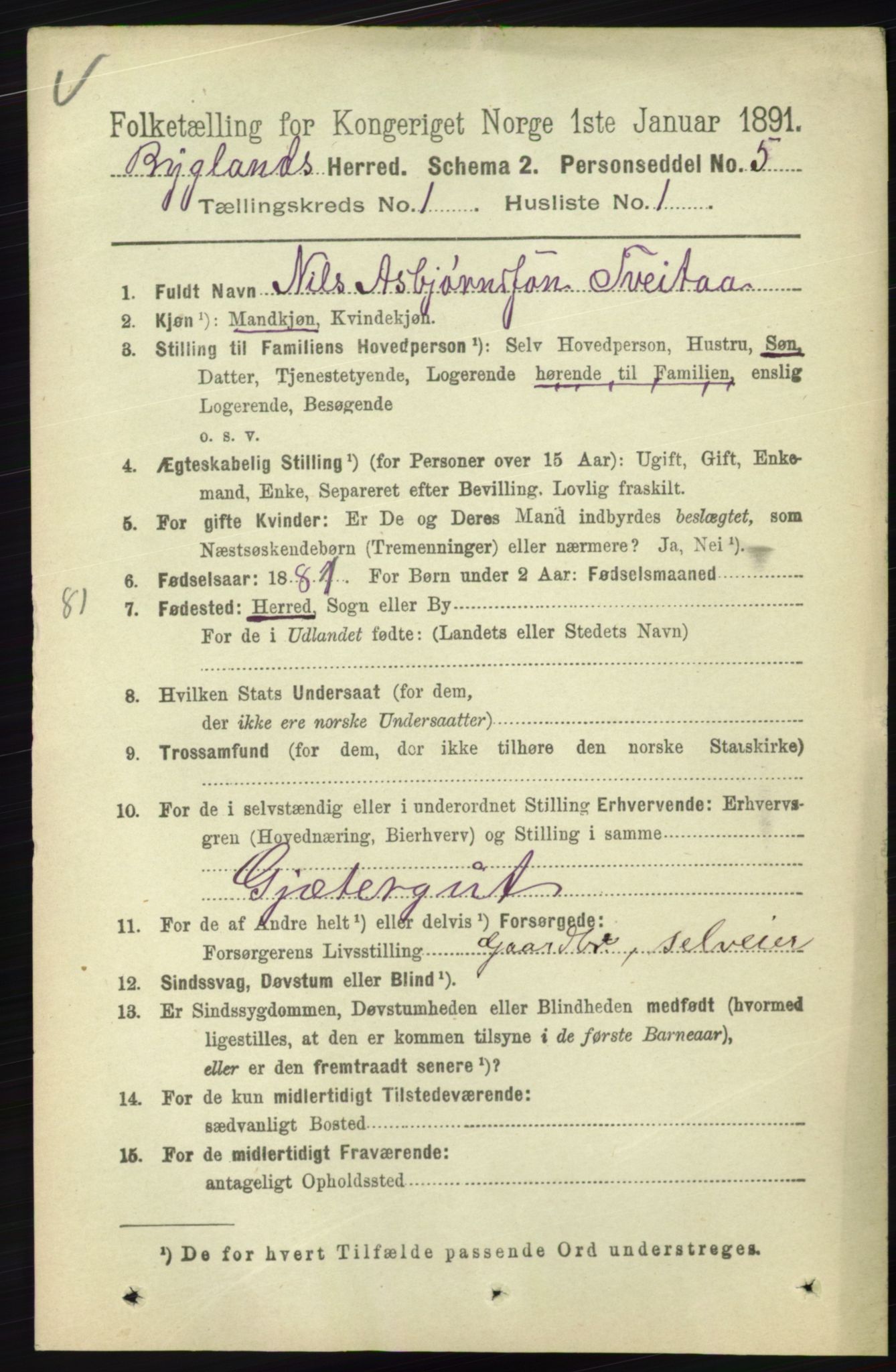 RA, 1891 census for 0938 Bygland, 1891, p. 57