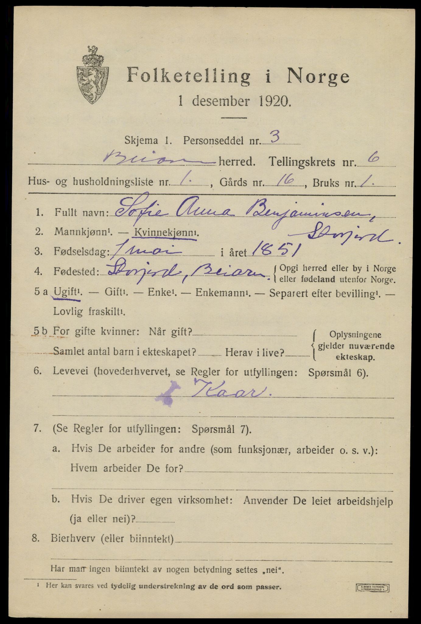 SAT, 1920 census for Beiarn, 1920, p. 2876