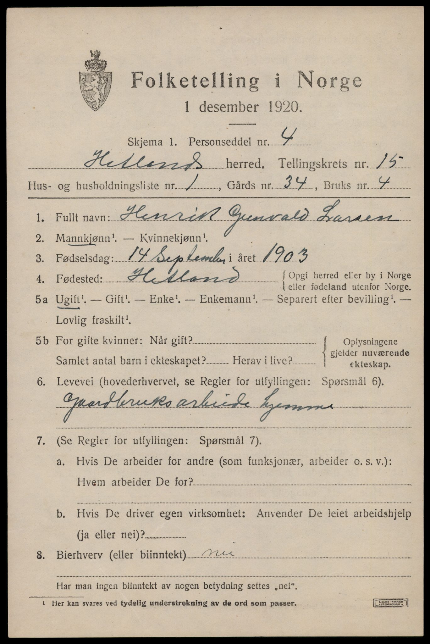 SAST, 1920 census for Hetland, 1920, p. 22813