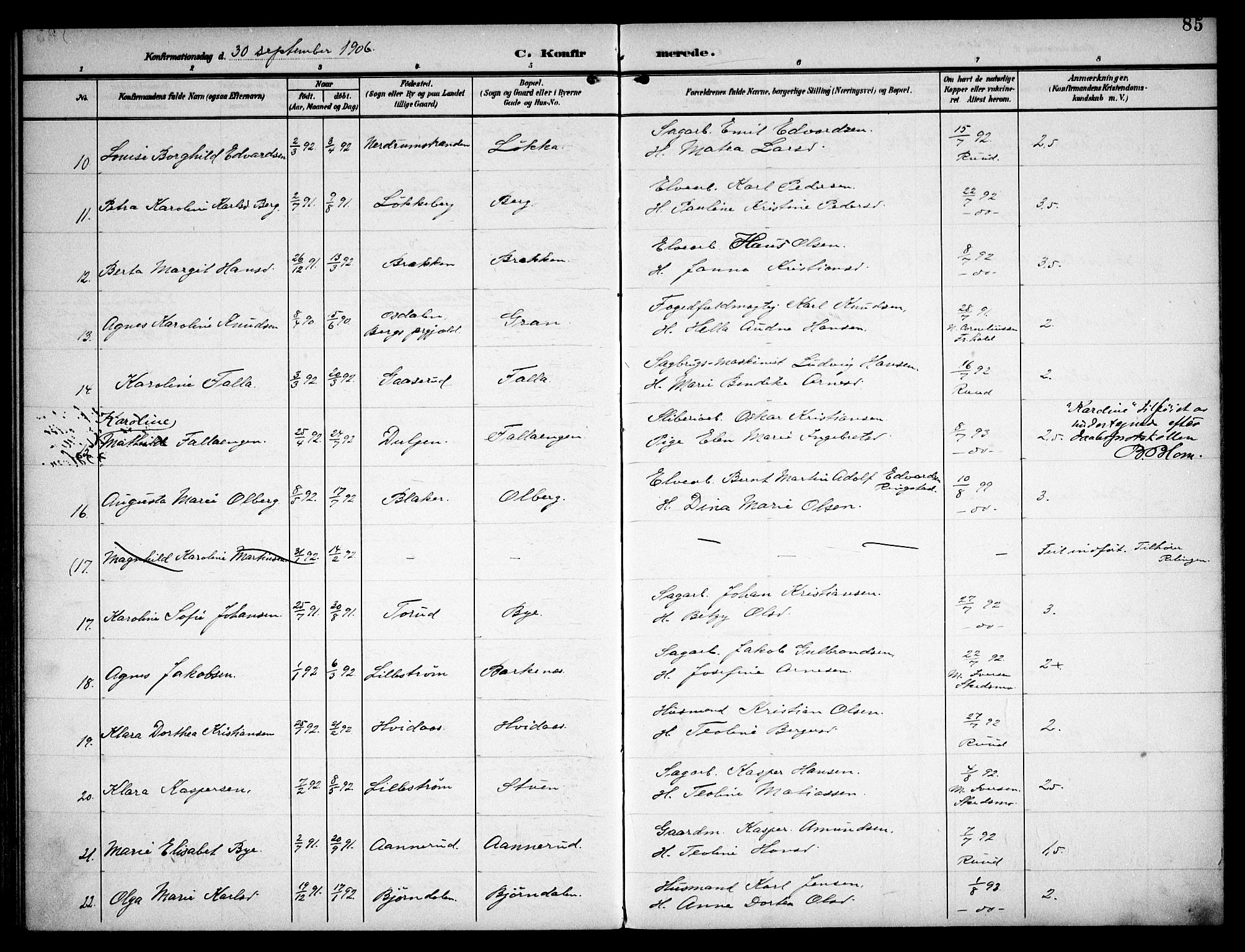 Fet prestekontor Kirkebøker, AV/SAO-A-10370a/F/Fa/L0016: Parish register (official) no. I 16, 1905-1914, p. 85