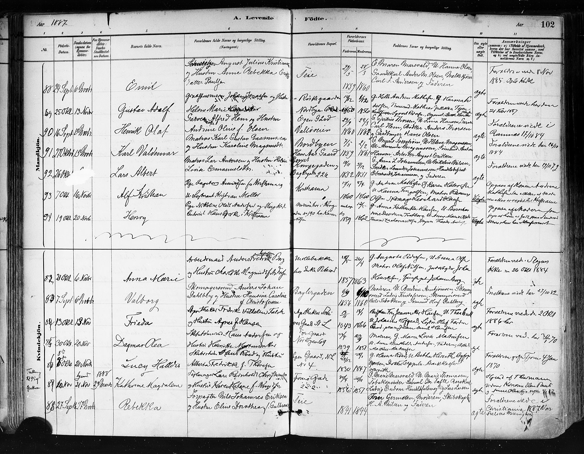 Tønsberg kirkebøker, SAKO/A-330/F/Fa/L0011: Parish register (official) no. I 11, 1881-1890, p. 102