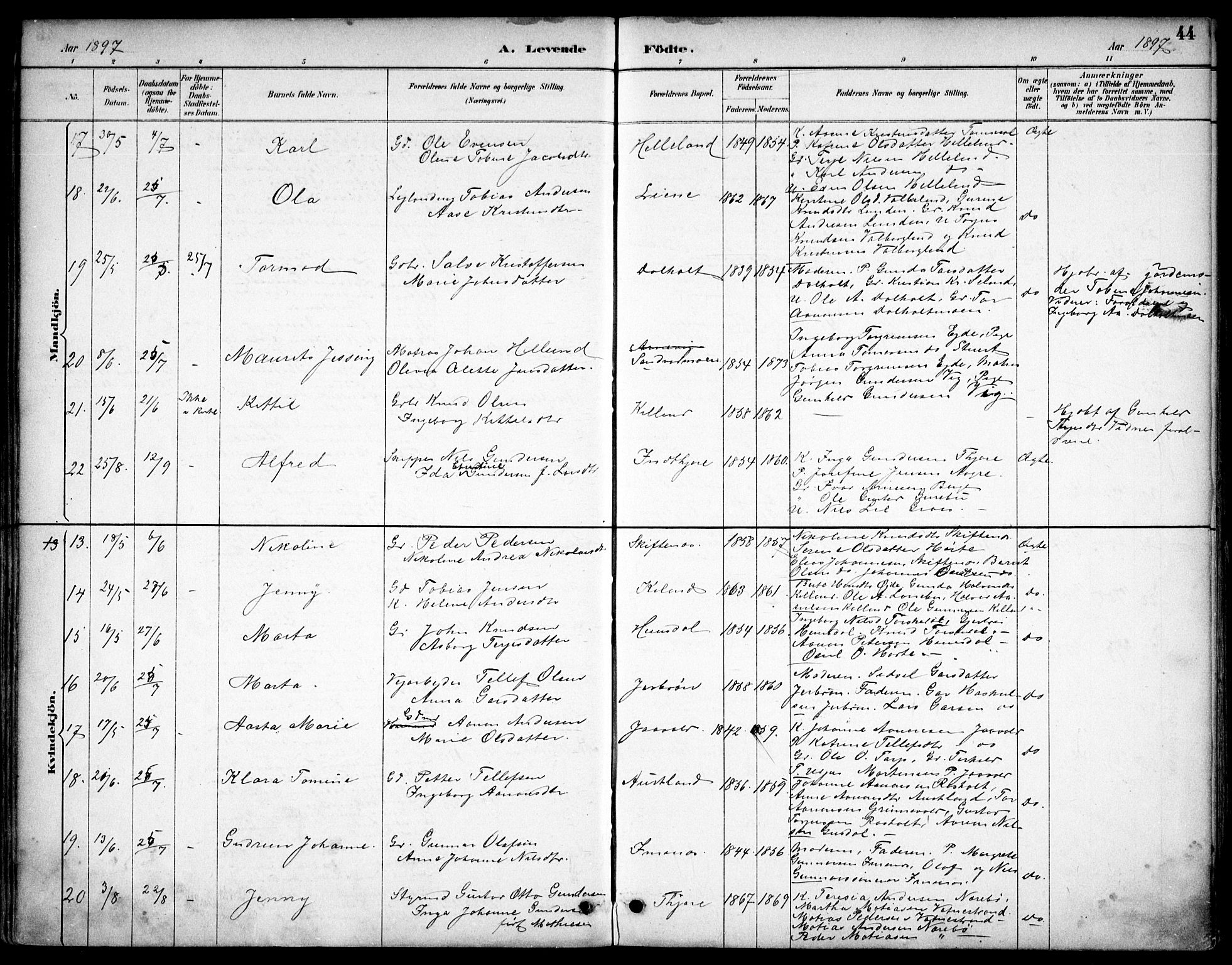 Hommedal sokneprestkontor, AV/SAK-1111-0023/F/Fb/Fbb/L0007: Parish register (copy) no. B 7, 1885-1904, p. 44