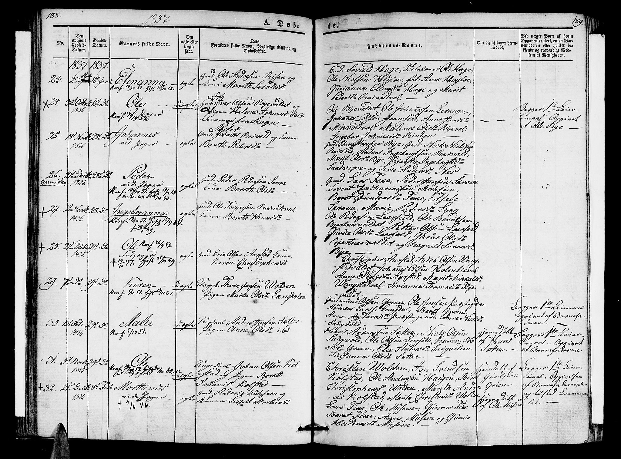 Ministerialprotokoller, klokkerbøker og fødselsregistre - Nord-Trøndelag, AV/SAT-A-1458/723/L0238: Parish register (official) no. 723A07, 1831-1840, p. 188-189