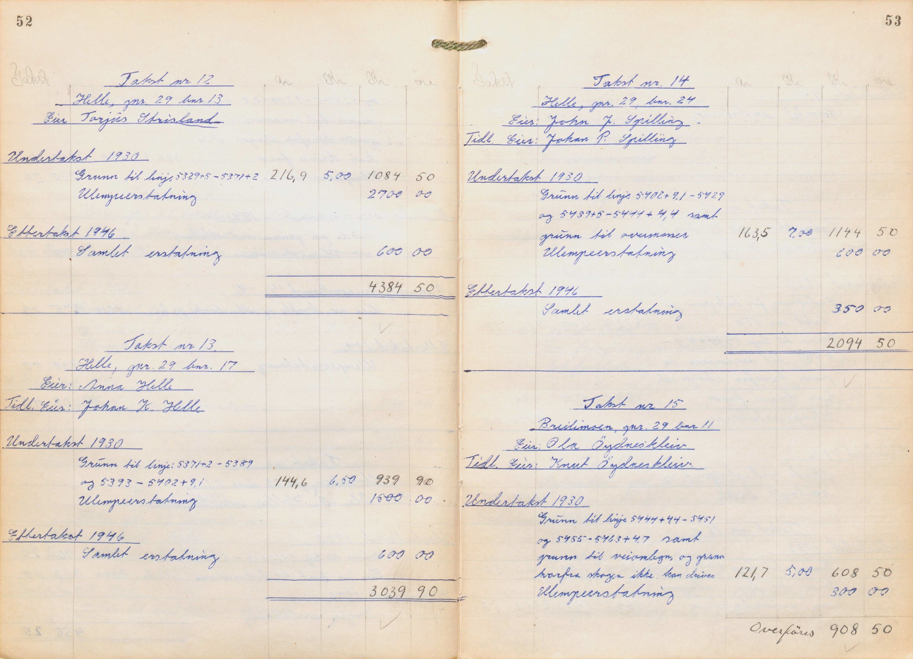NSB Baneavdelingen, AV/SAK-1821-0004/F/Fc/Fch/L0256/0003: Grunnerstatninger, målebrev / Kartkonduktørprotokoll for Kristiansand - Moi, 1. og 2. avd., 1947, p. 52-53