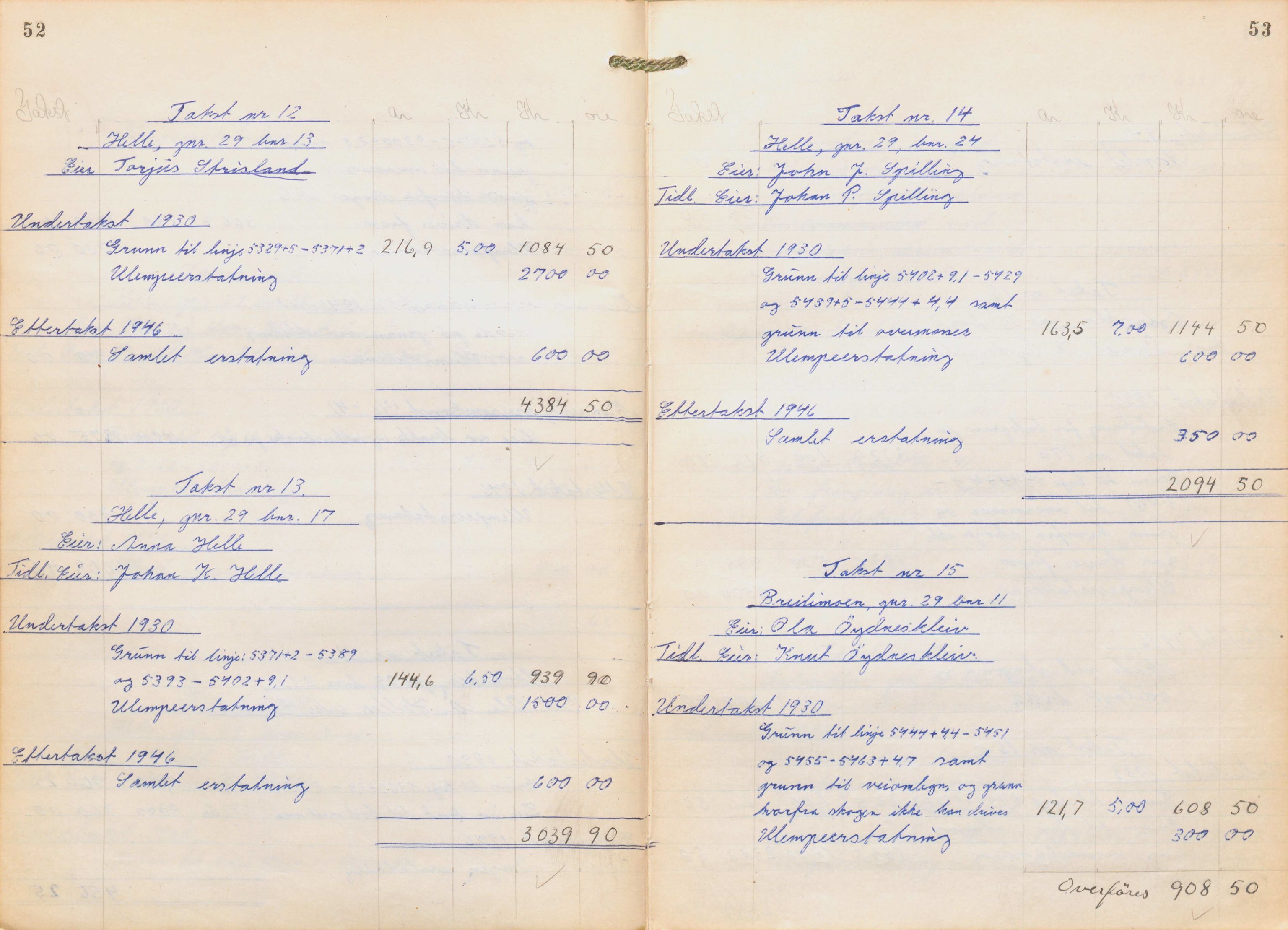 NSB Baneavdelingen, SAK/1821-0004/F/Fc/Fch/L0256/0003: Grunnerstatninger, målebrev / Kartkonduktørprotokoll for Kristiansand - Moi, 1. og 2. avd., 1947, p. 52-53