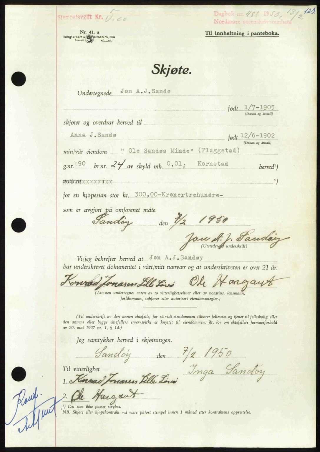 Nordmøre sorenskriveri, AV/SAT-A-4132/1/2/2Ca: Mortgage book no. A114, 1950-1950, Diary no: : 488/1950