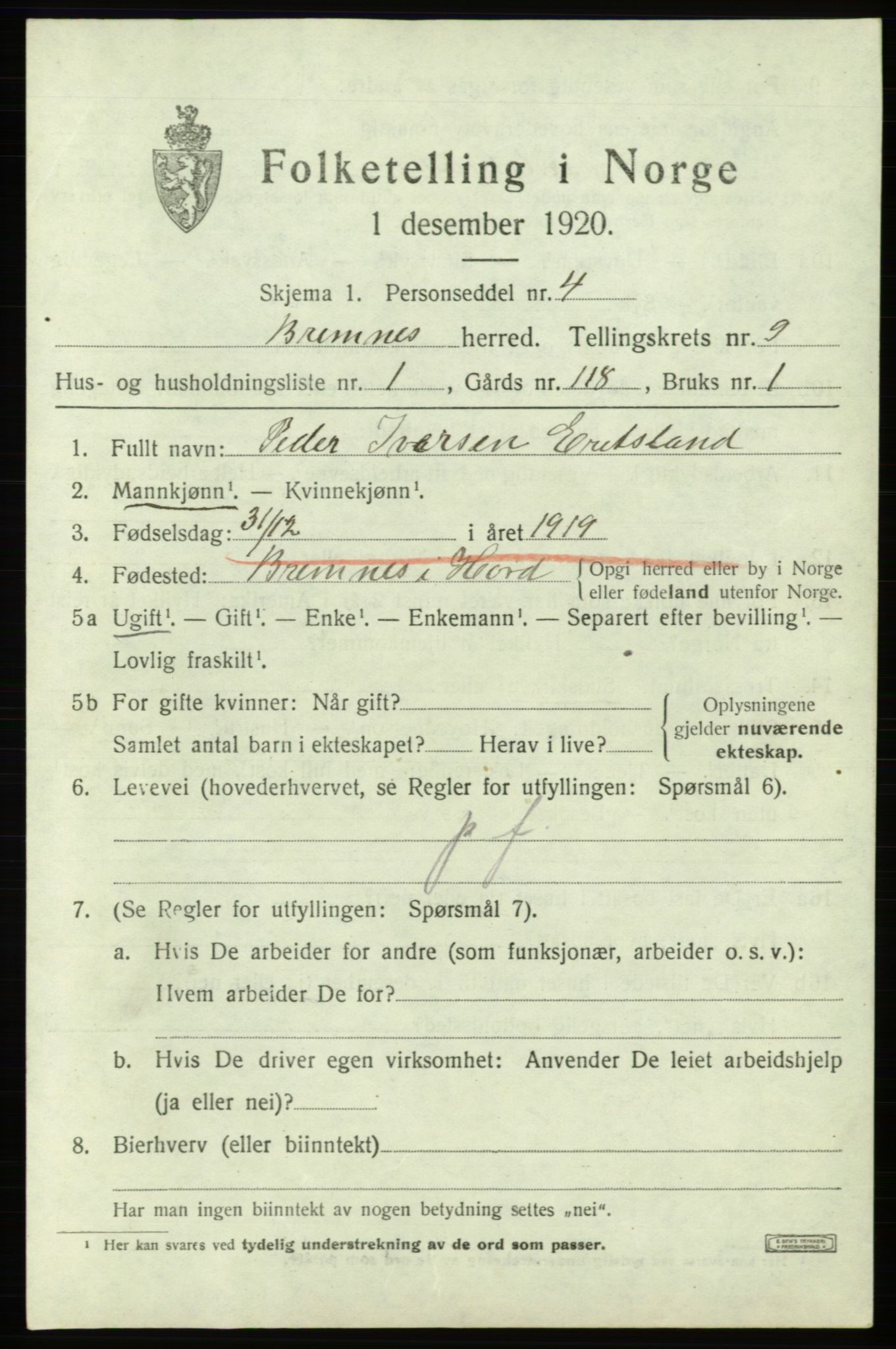 SAB, 1920 census for Bremnes, 1920, p. 6120