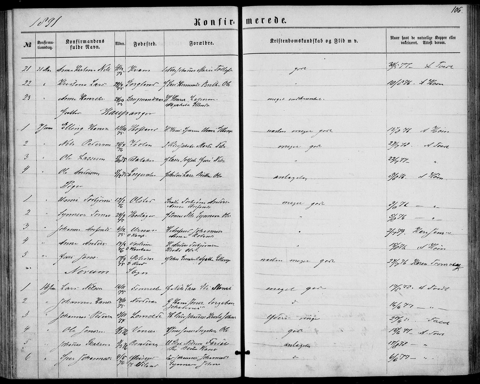 Sogndal sokneprestembete, AV/SAB-A-81301/H/Haa/Haaa/L0015: Parish register (official) no. A 15, 1871-1904, p. 106