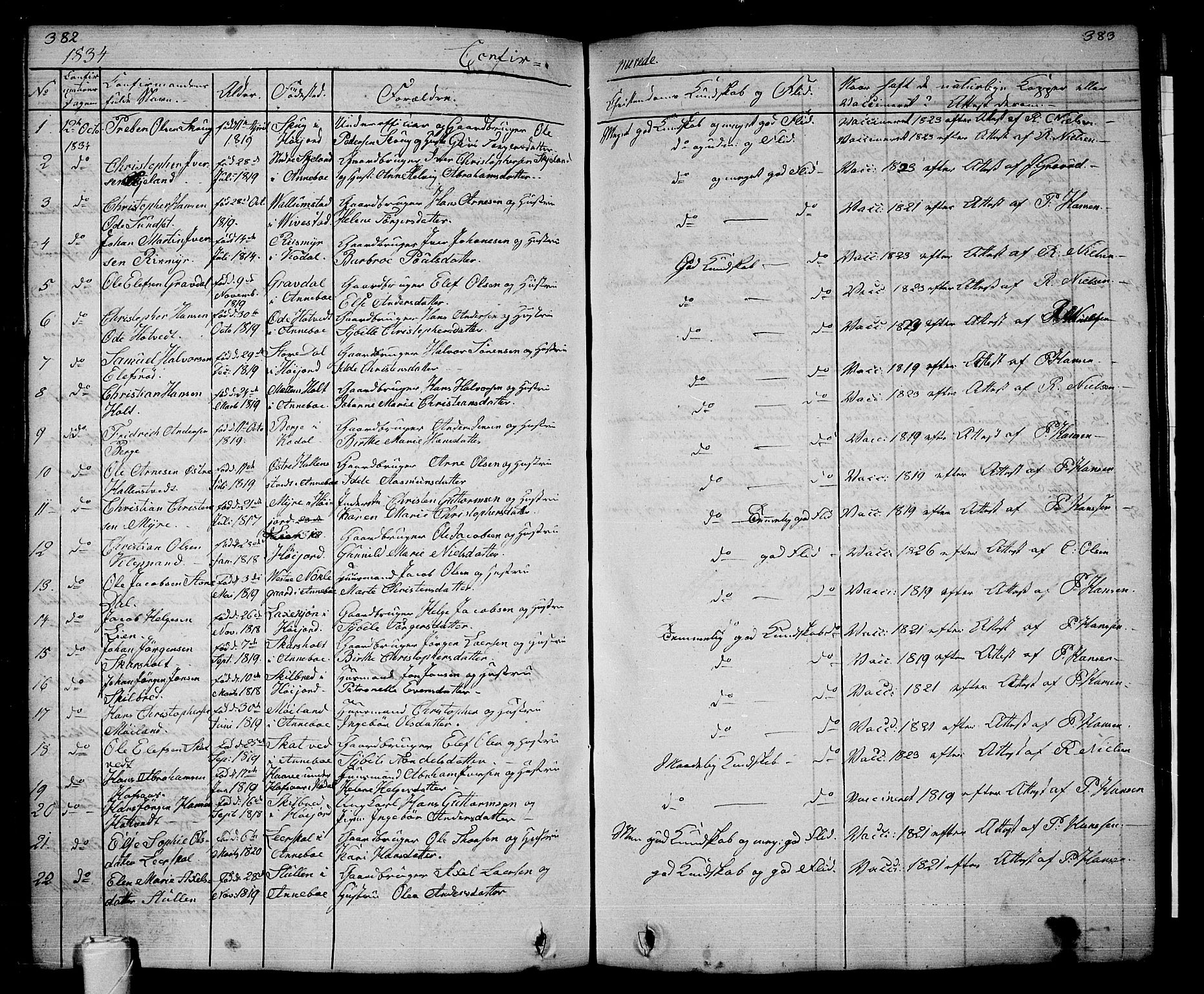 Andebu kirkebøker, AV/SAKO-A-336/G/Ga/L0003: Parish register (copy) no. I 3, 1832-1867, p. 382-383