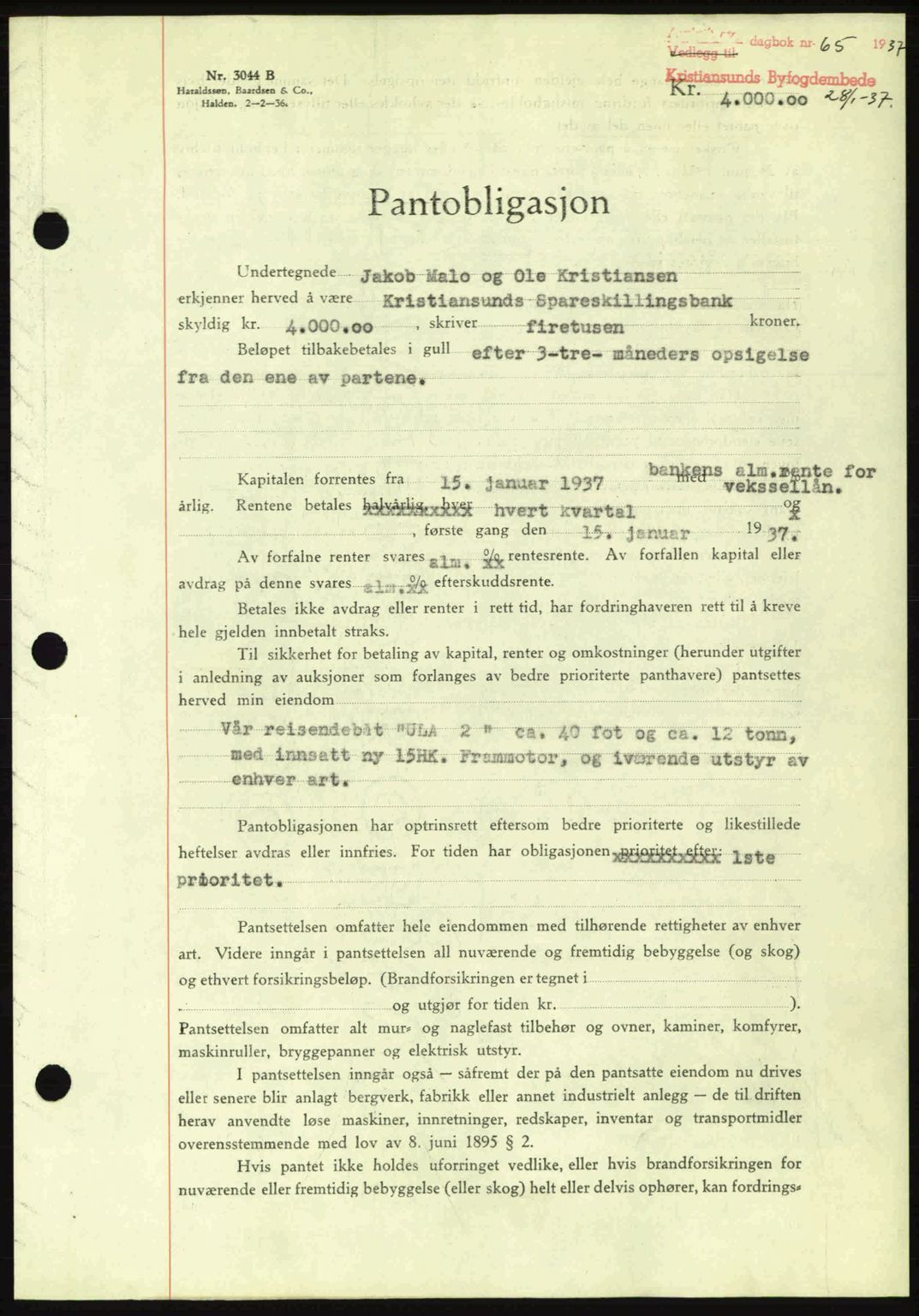 Kristiansund byfogd, AV/SAT-A-4587/A/27: Mortgage book no. 29, 1936-1937, Diary no: : 65/1937