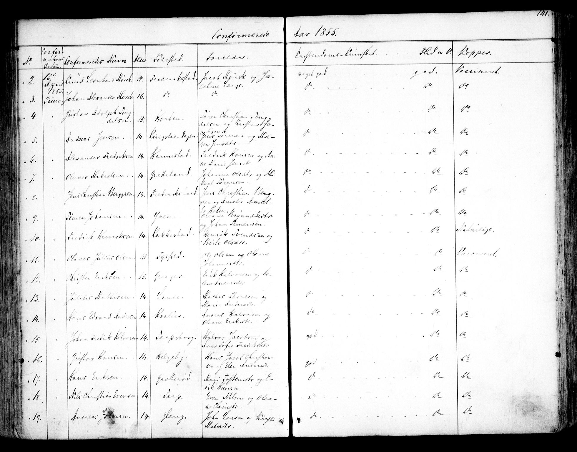 Tune prestekontor Kirkebøker, SAO/A-2007/F/Fa/L0011: Parish register (official) no. 11, 1852-1856, p. 141