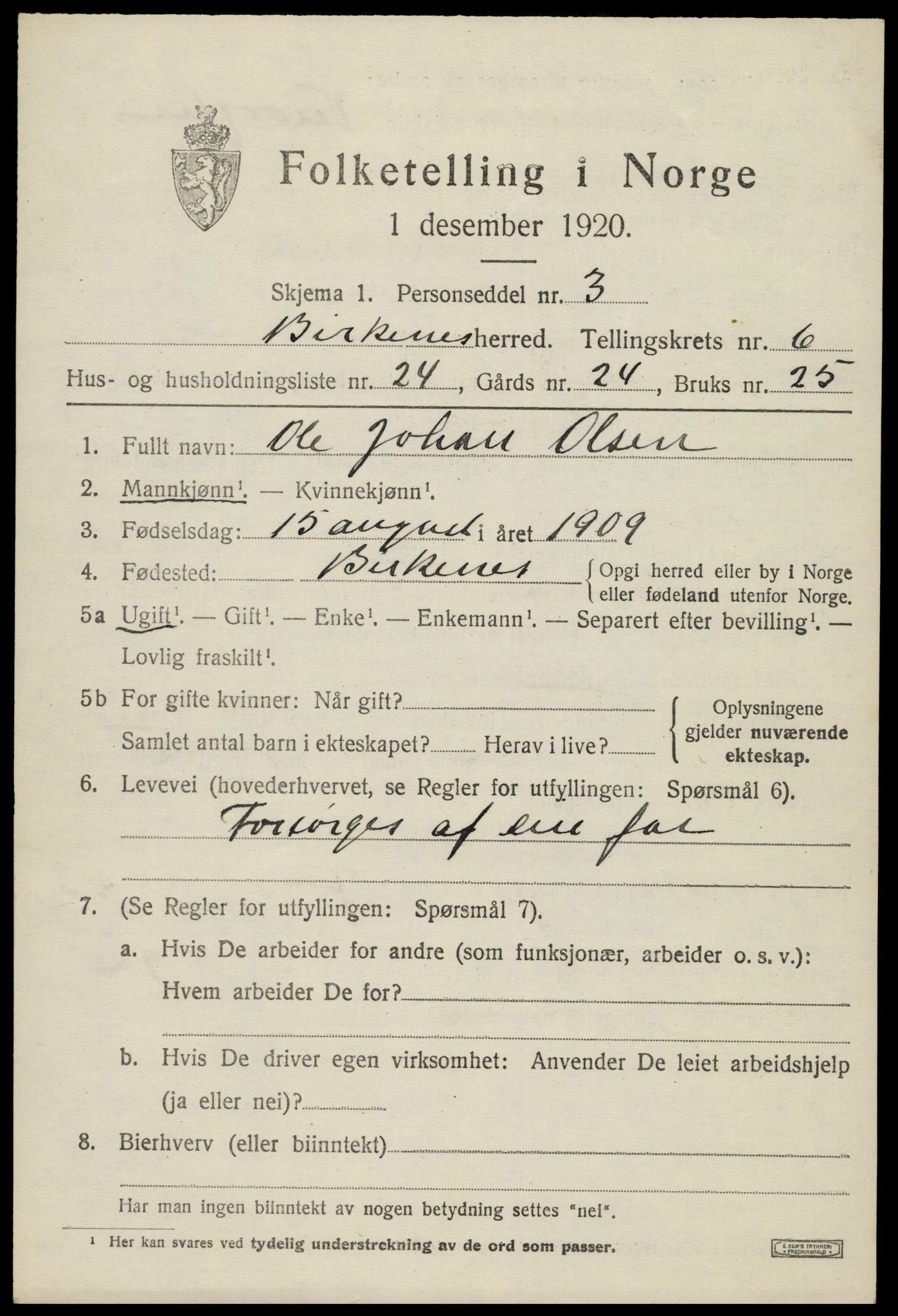 SAK, 1920 census for Birkenes, 1920, p. 3995