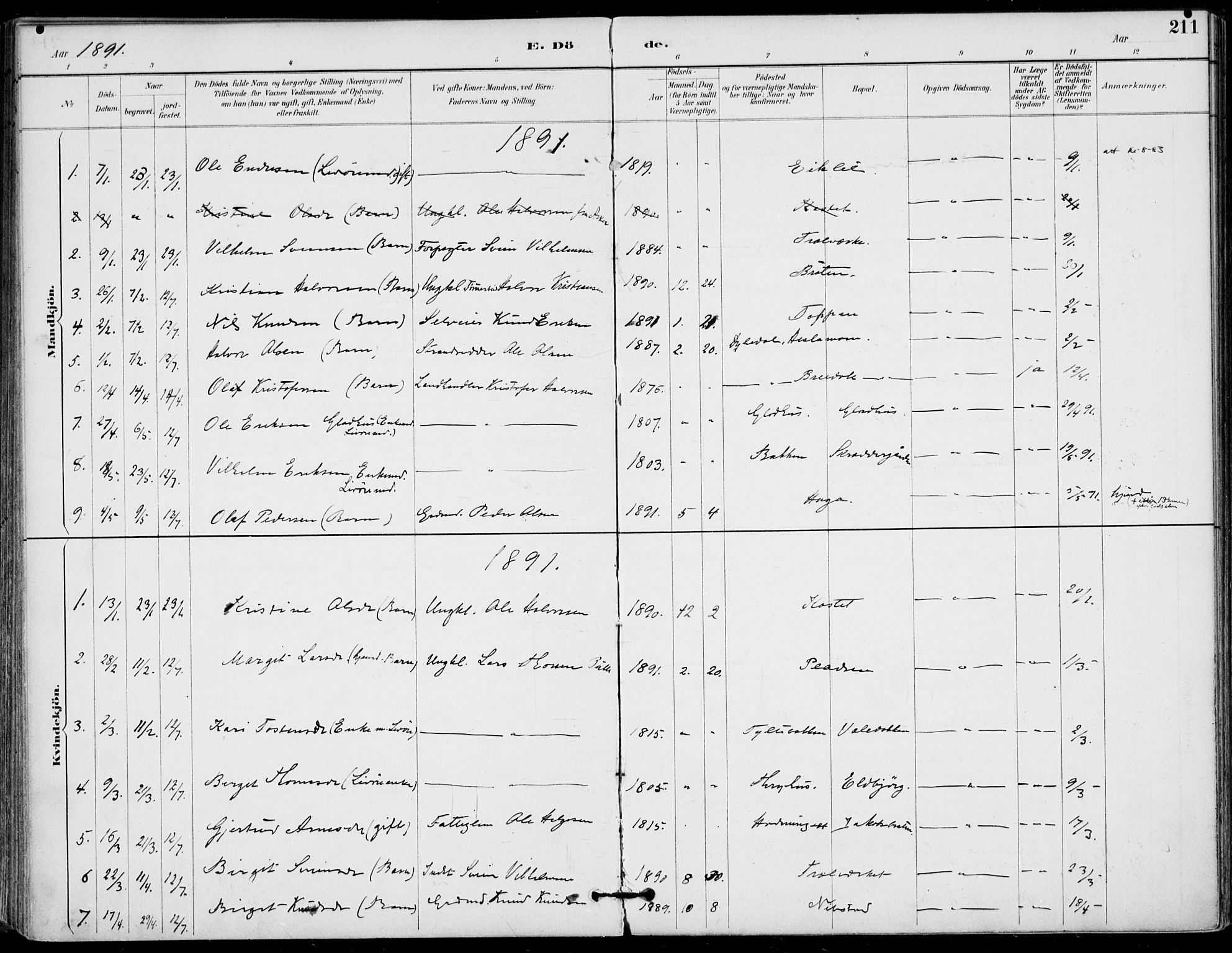 Gol kirkebøker, AV/SAKO-A-226/F/Fa/L0005: Parish register (official) no. I 5, 1887-1900, p. 211