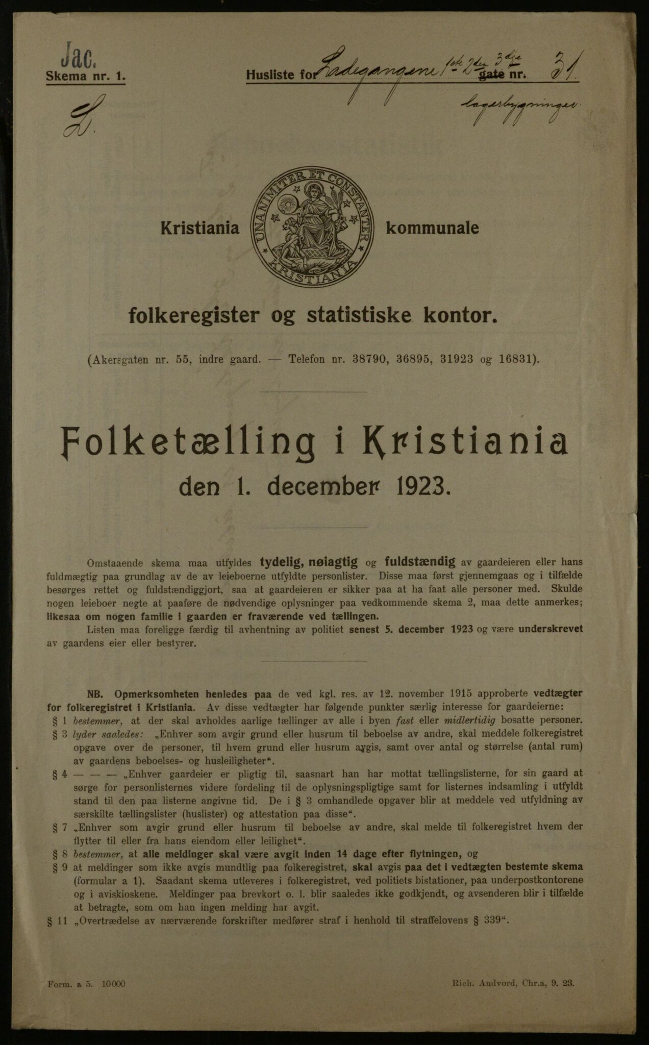 OBA, Municipal Census 1923 for Kristiania, 1923, p. 61574