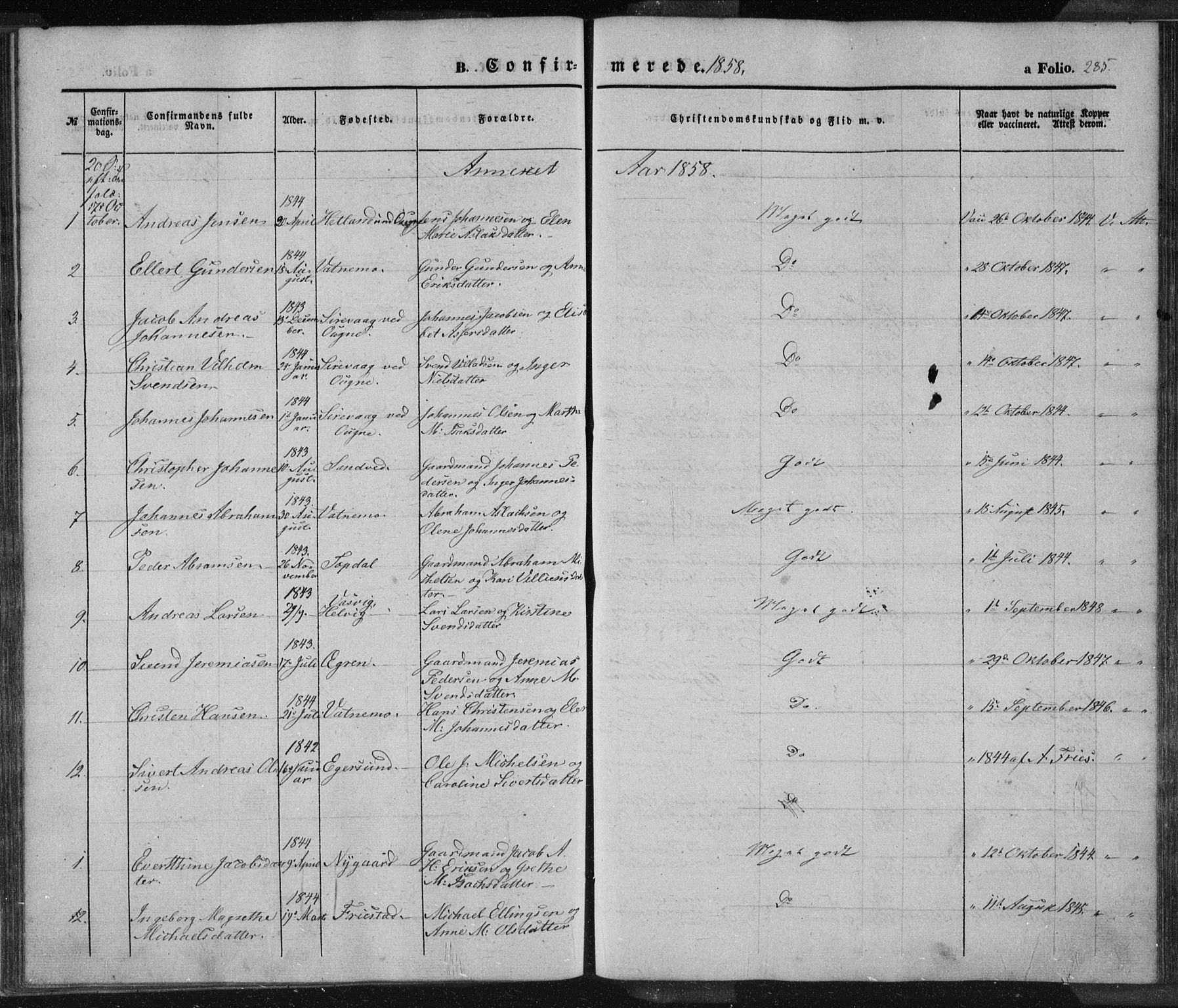 Eigersund sokneprestkontor, SAST/A-101807/S08/L0012: Parish register (official) no. A 12.1, 1850-1865, p. 285