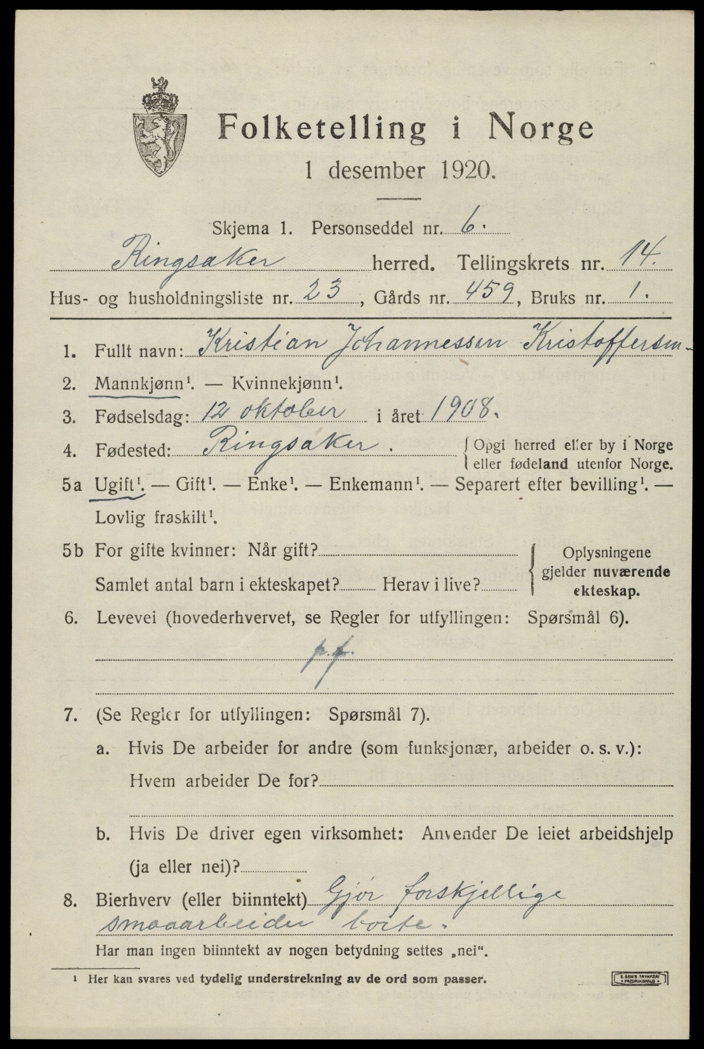 SAH, 1920 census for Ringsaker, 1920, p. 21848