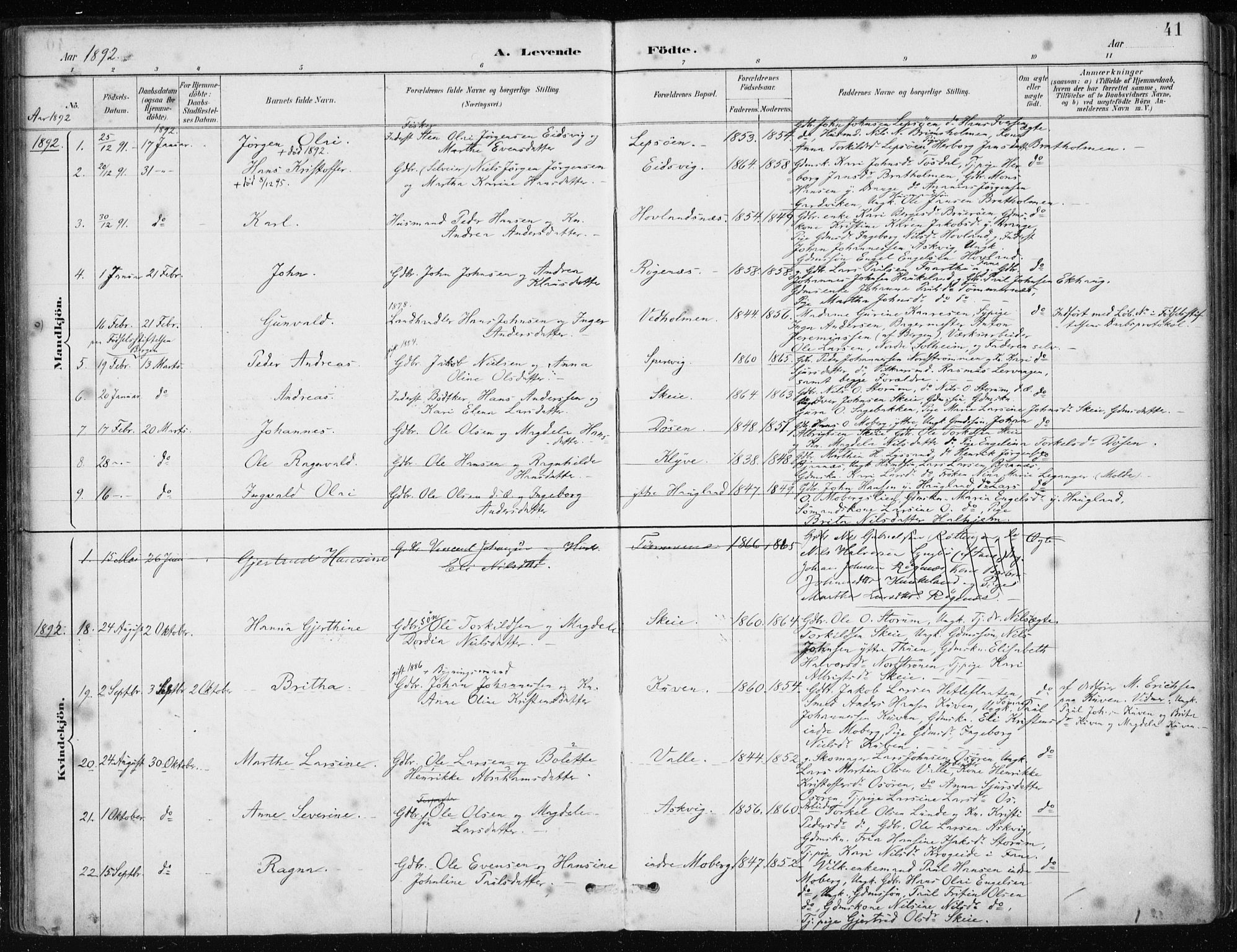 Os sokneprestembete, AV/SAB-A-99929: Parish register (official) no. B 1, 1885-1902, p. 41