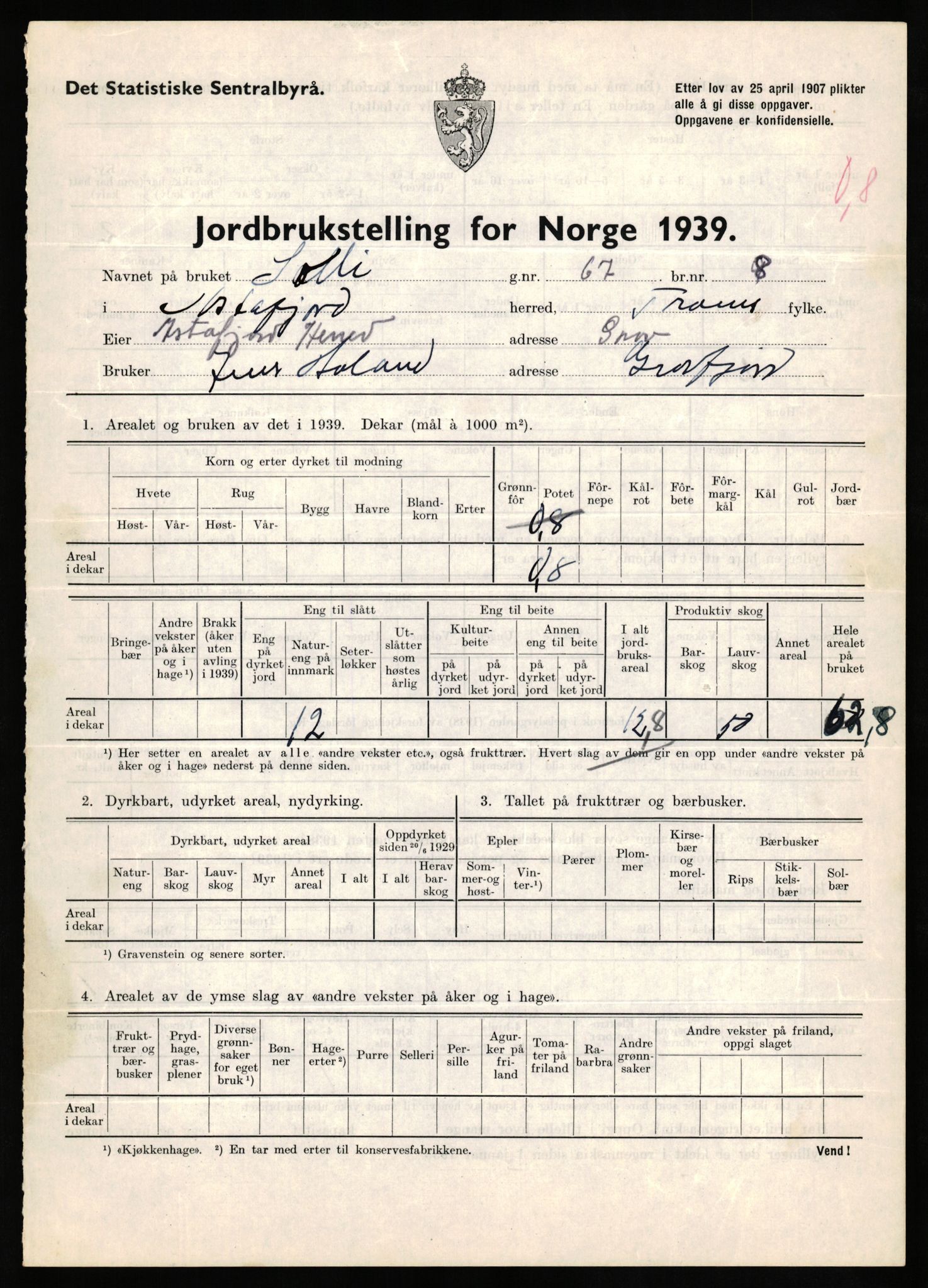 Statistisk sentralbyrå, Næringsøkonomiske emner, Jordbruk, skogbruk, jakt, fiske og fangst, AV/RA-S-2234/G/Gb/L0339: Troms: Andørja, Astafjord og Lavangen, 1939, p. 38