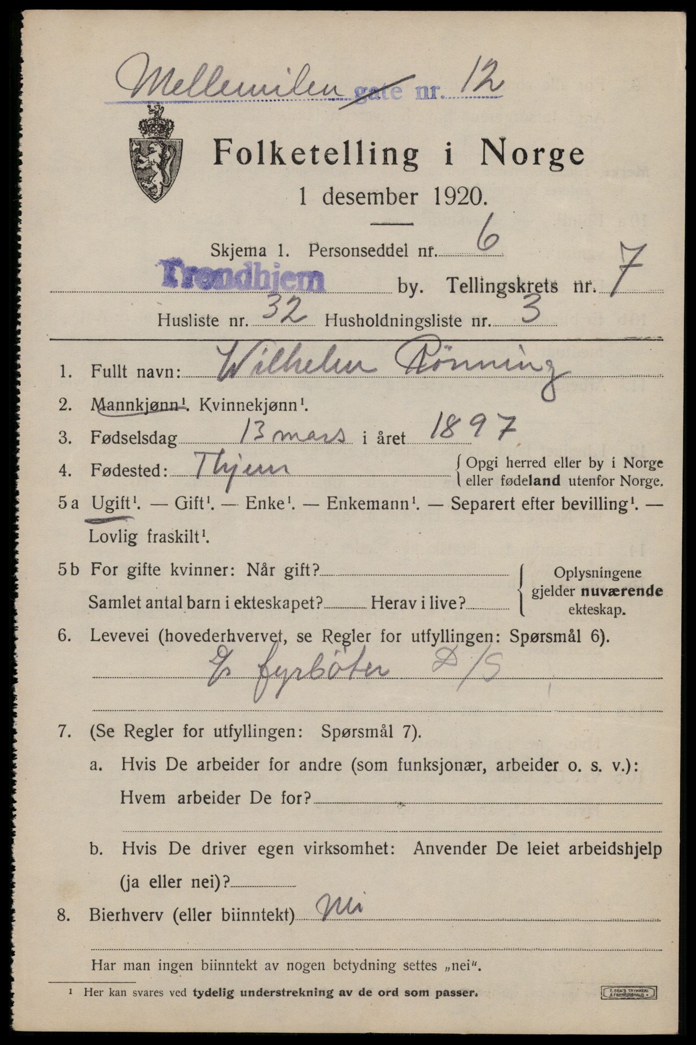 SAT, 1920 census for Trondheim, 1920, p. 42054