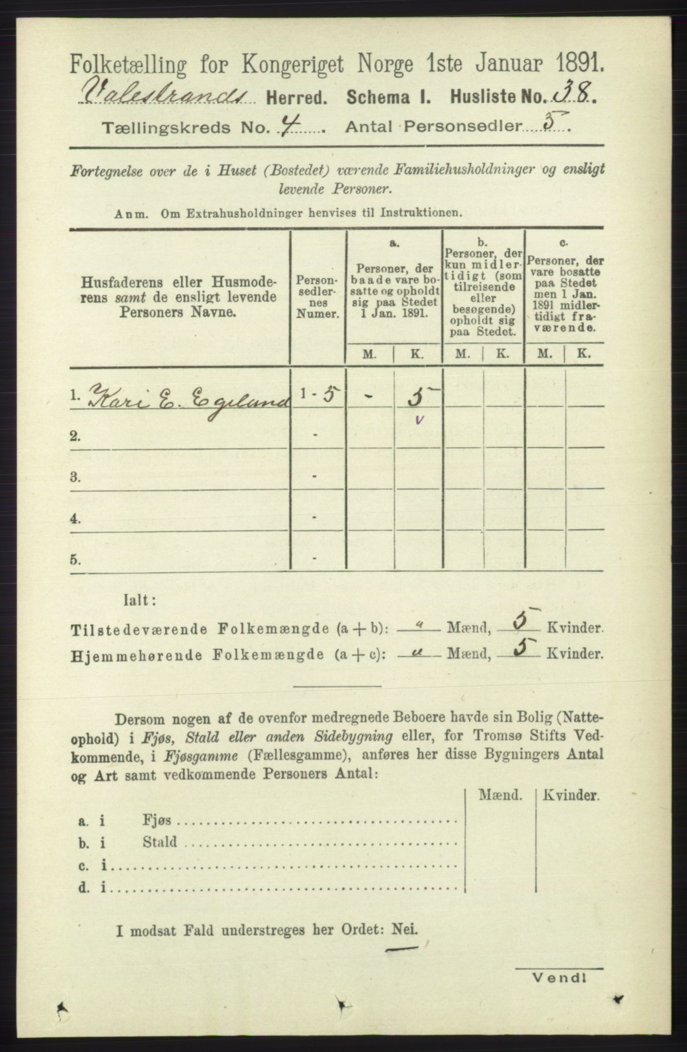 RA, 1891 census for 1217 Valestrand, 1891, p. 868