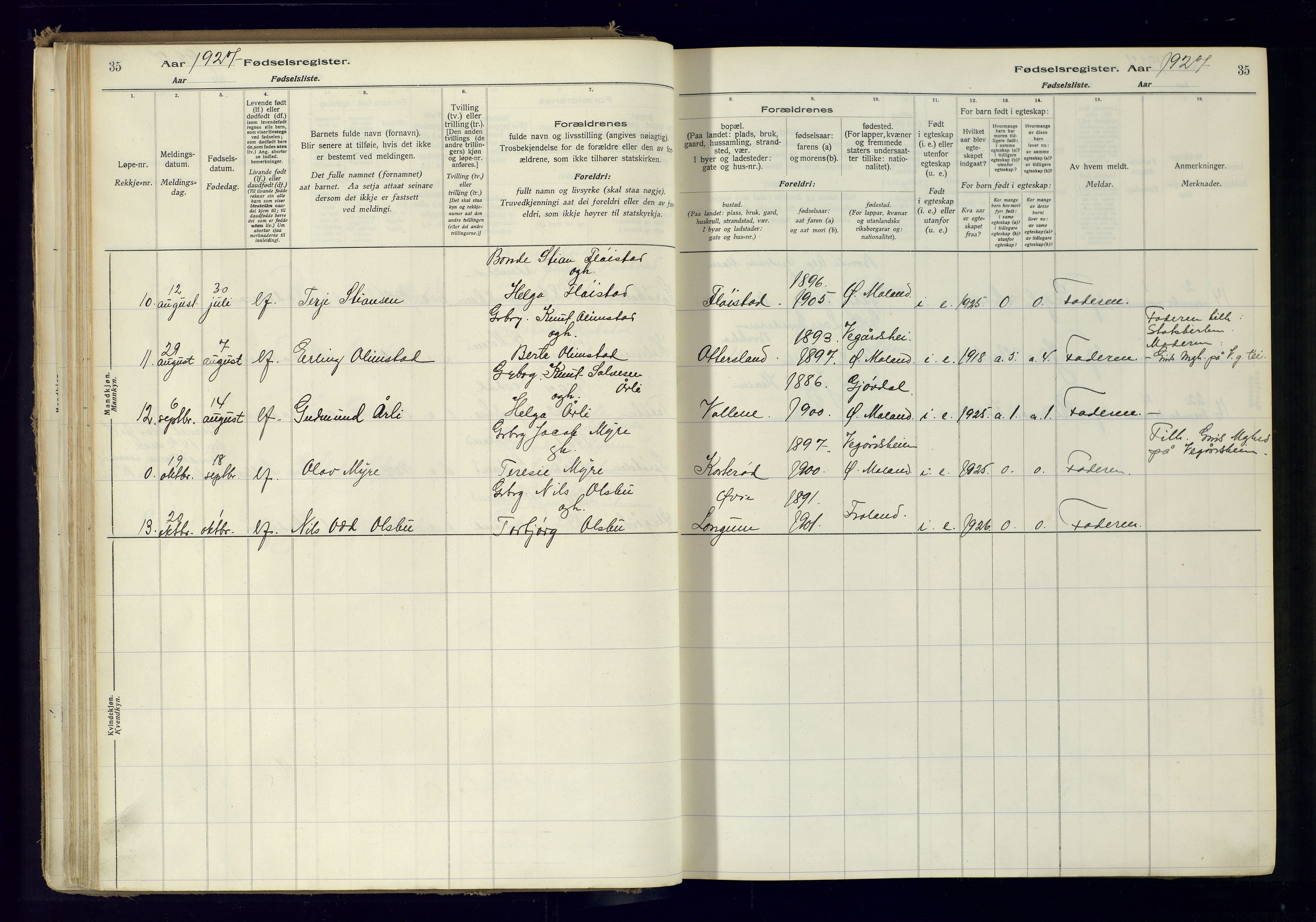 Austre Moland sokneprestkontor, AV/SAK-1111-0001/J/Ja/L0001: Birth register no. A-VI-25, 1916-1975, p. 35