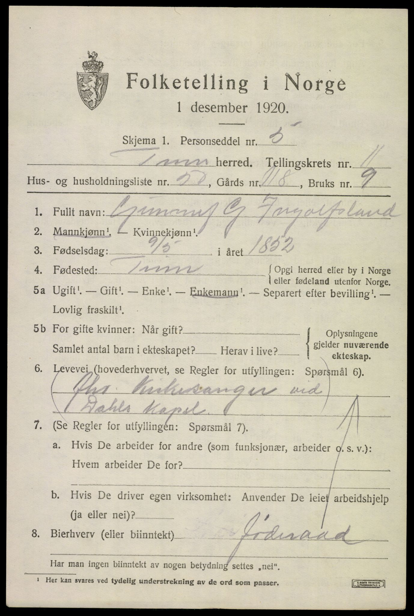 SAKO, 1920 census for Tinn, 1920, p. 7550