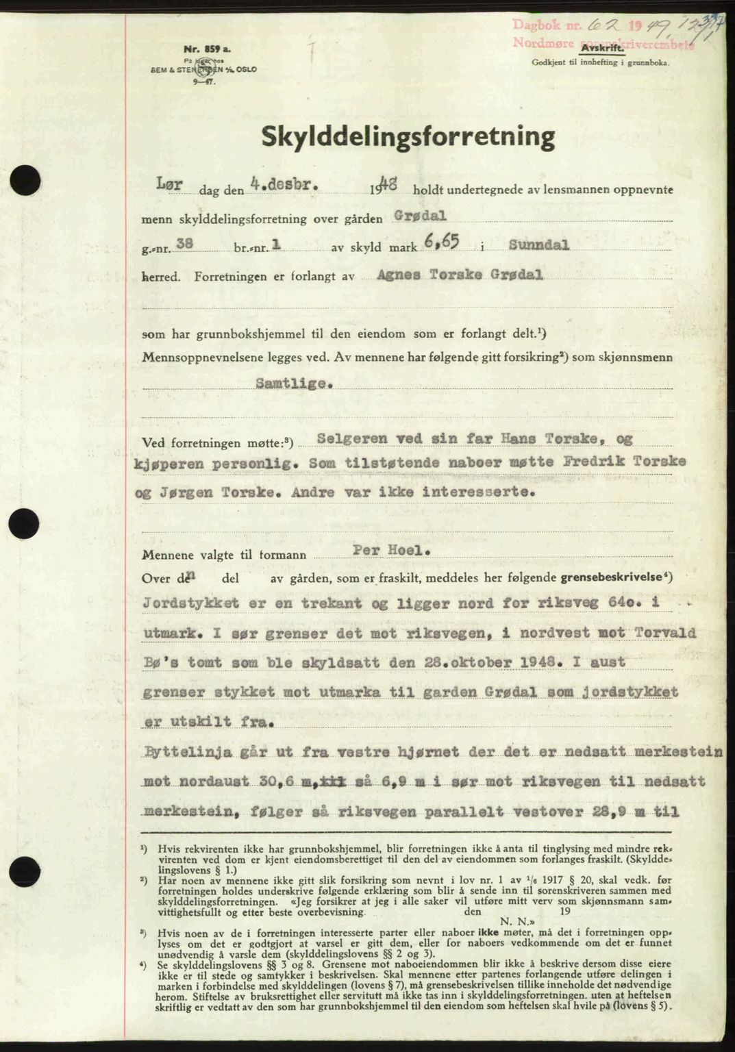 Nordmøre sorenskriveri, AV/SAT-A-4132/1/2/2Ca: Mortgage book no. A110, 1948-1949, Diary no: : 62/1949